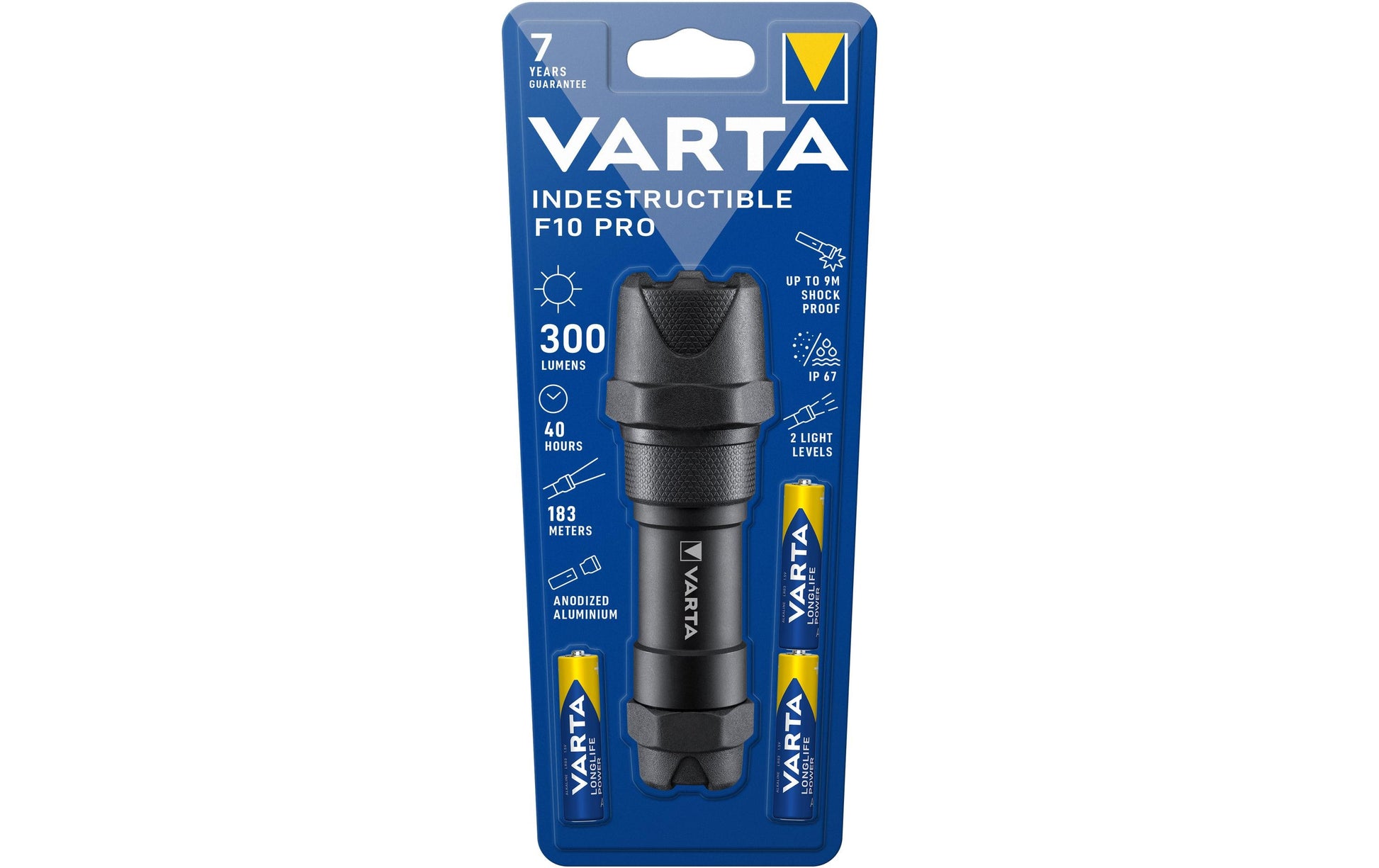 VARTA Taschenlampe Indestructible F10 Pro – 300 lm, 183 m, IP67, 3× AAA, 2 Modi – Schwarz