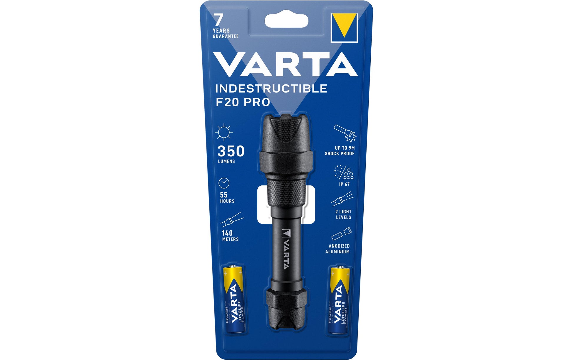 Varta Taschenlampe Indestructible F20 Pro – 350 lm, 140 m, IP67, 2 Stufen, 2× AA (55 h) – Schwarz