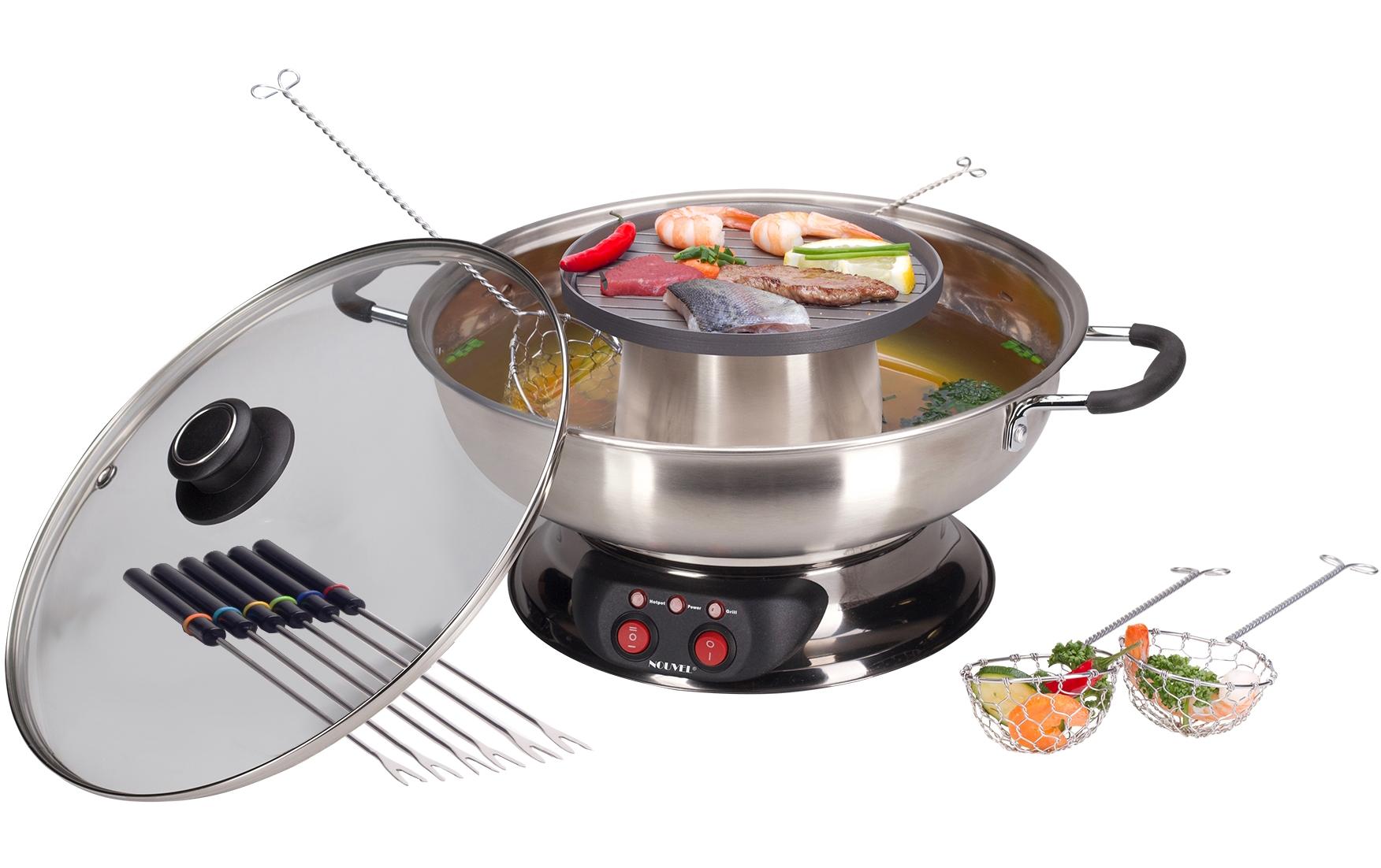 Nouvel Weinfondue-Set 16-teilig, für 6 Personen – elektrisch 1350 W, mit Deckel, Edelstahl, Silber