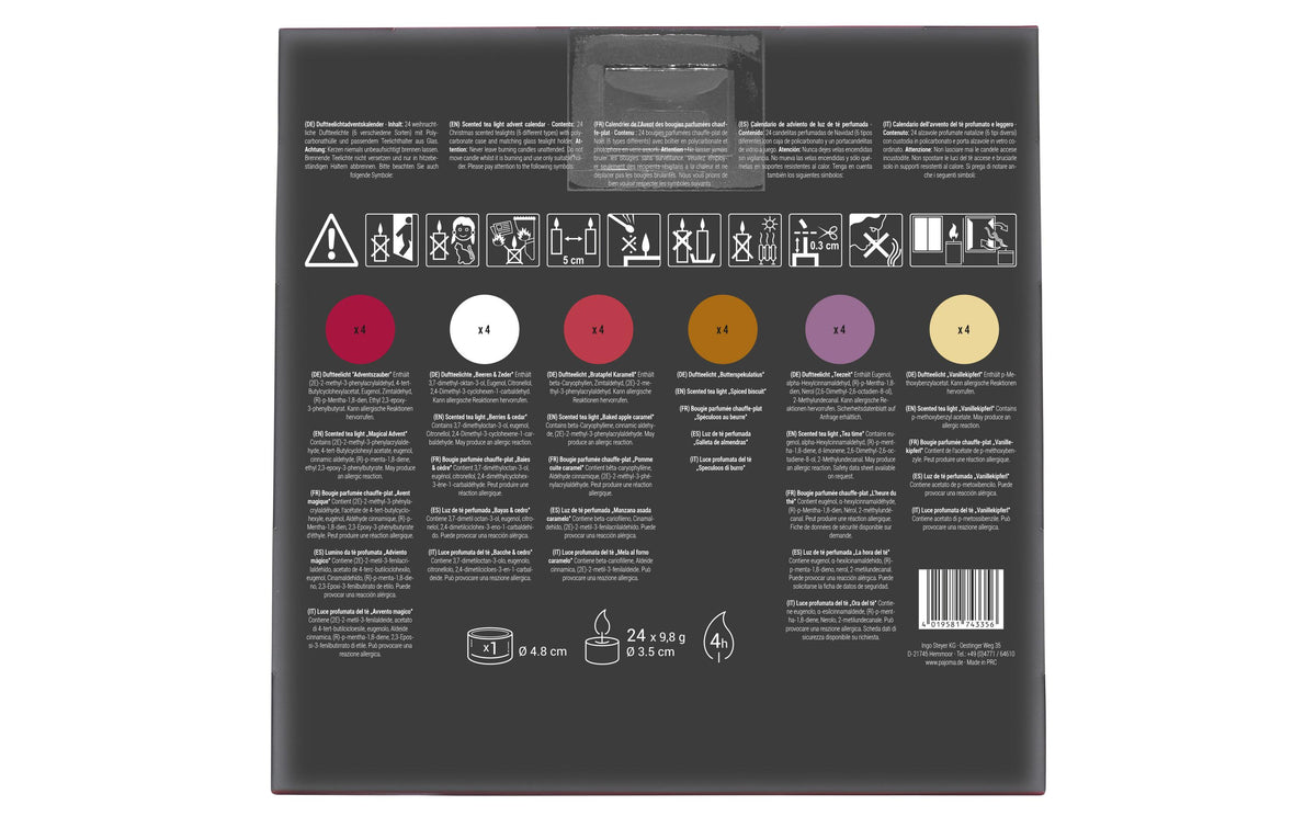 Pajoma Adventskalender – Weihnachten – 24 Duftteelichter – 27,5 × 27,5 × 4 cm, mehrfarbig