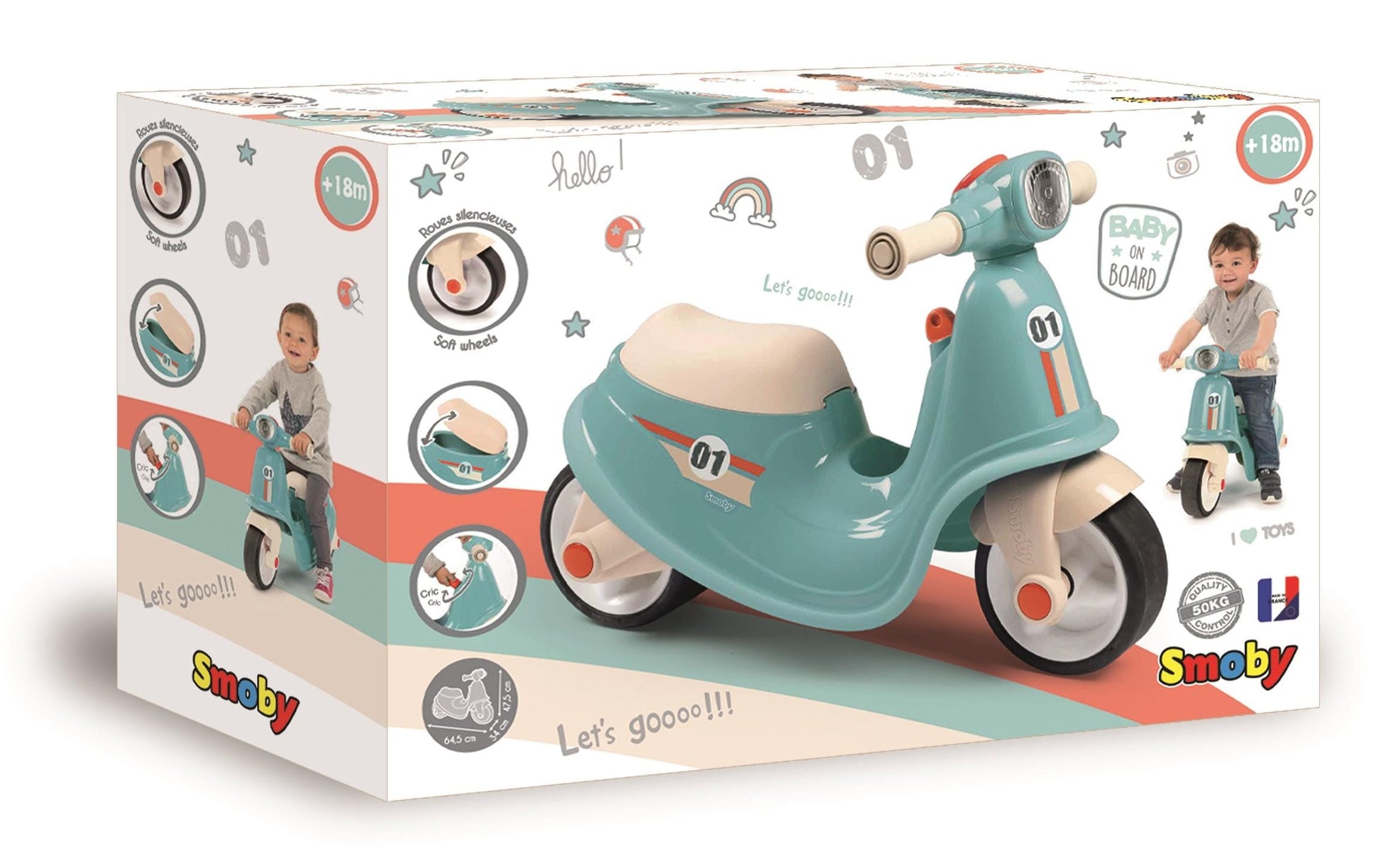 Smoby Aufsitzroller – Lenkbegrenzung, Flüsterräder – 34 × 47,5 × 64,5 cm – ab 1,5 J. – blau/weiss
