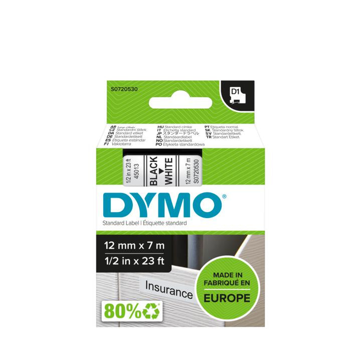 DYMO Schriftband – 12 mm × 7 m, weiss, schwarz – für LabelPoint 200, 250, 300 und andere