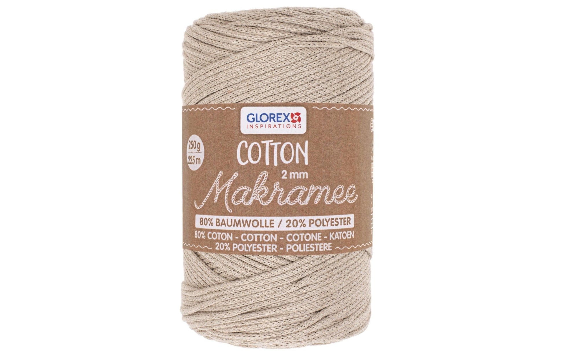 GLOREX Baumwoll-Makramee-Kordel Taupe – Ø 2 mm, 250 g, 225 m, 80% Baumwolle/20% Polyester
