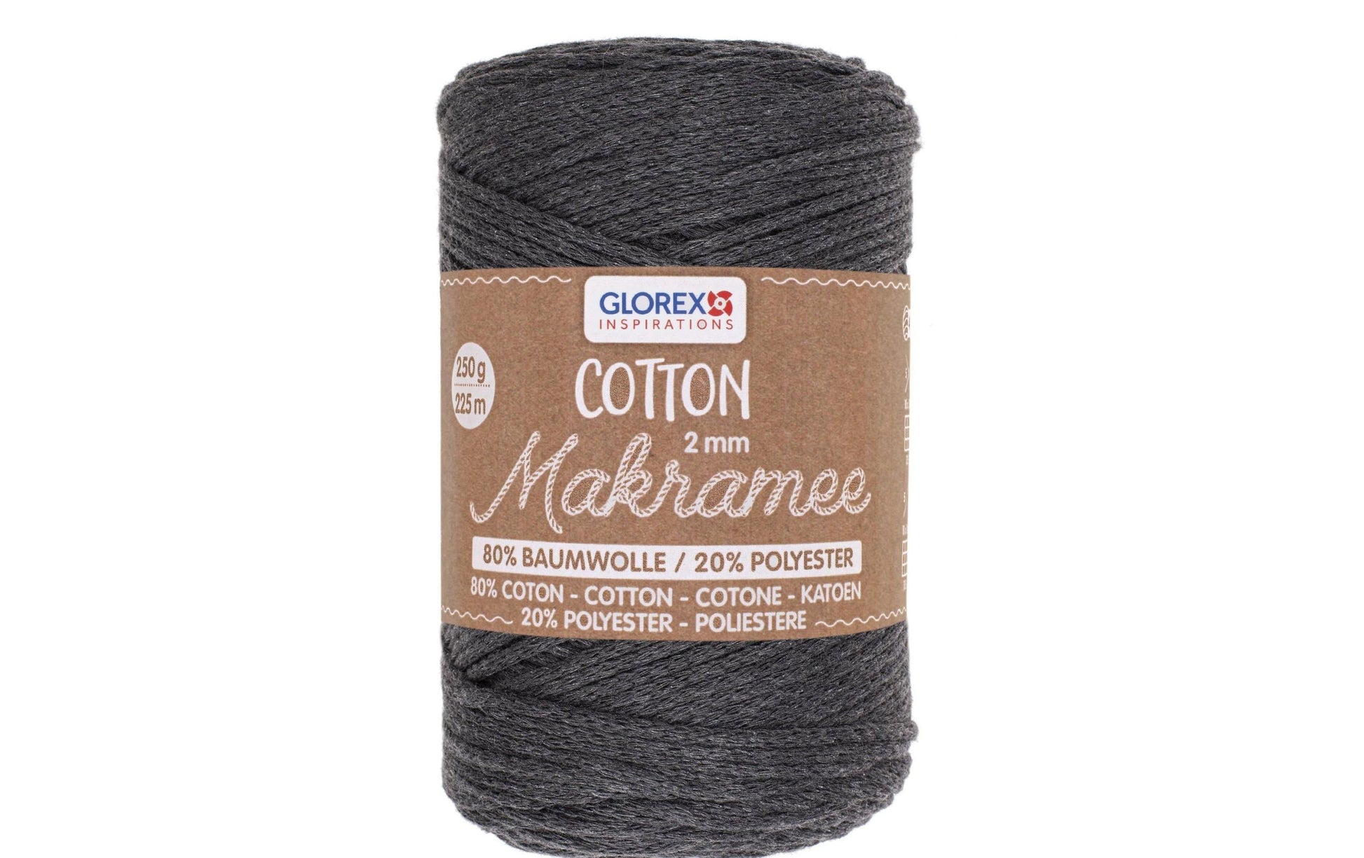 GLOREX Makramee-Kordel Anthrazit – Ø 2 mm, 250 g, 225 m, 80% Baumwolle/20% Polyester, 1 Stk.