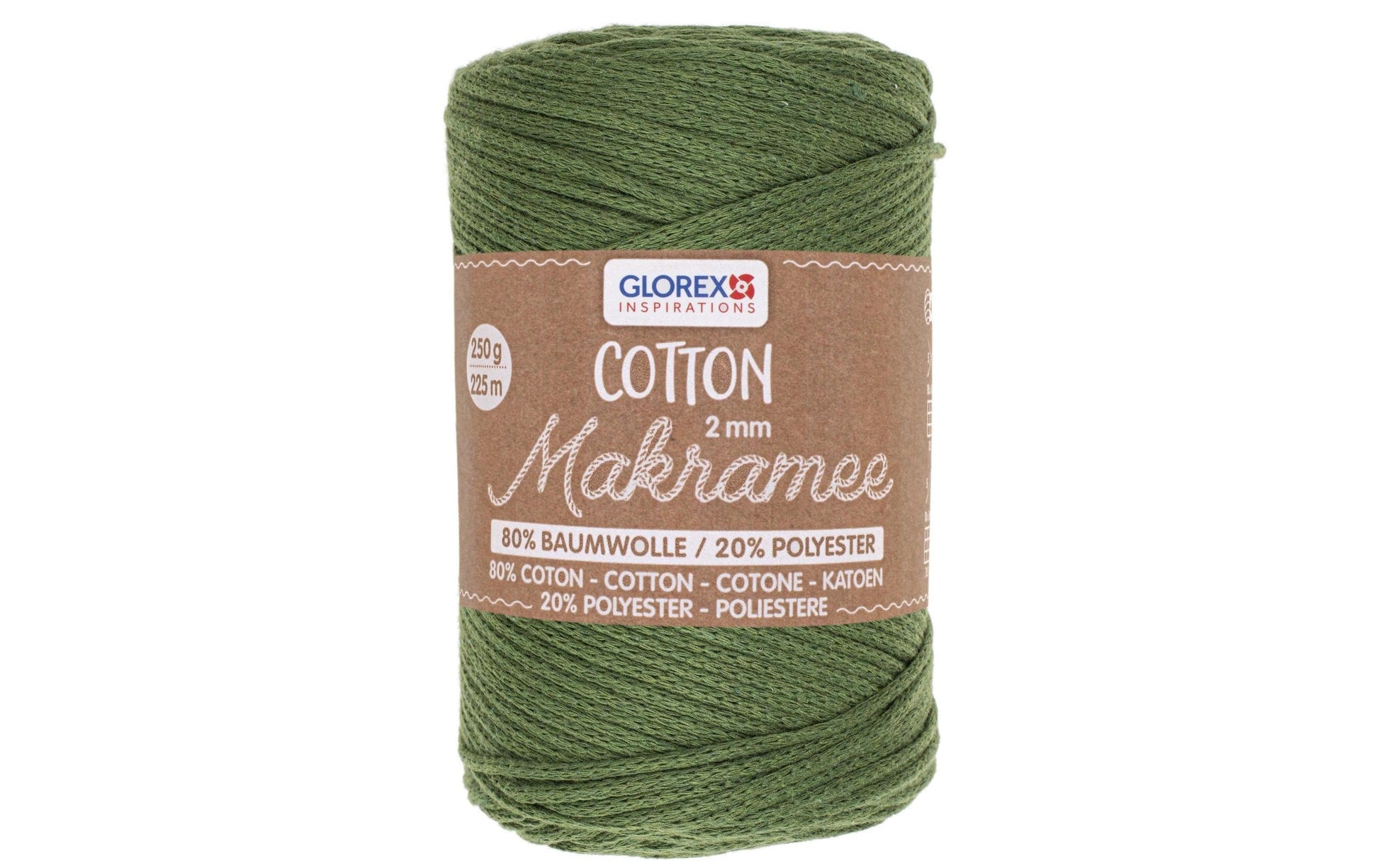 GLOREX Makramee-Kordel Olivgrün – Ø 2 mm, 250 g, 225 m, 80% Baumwolle/20% Polyester