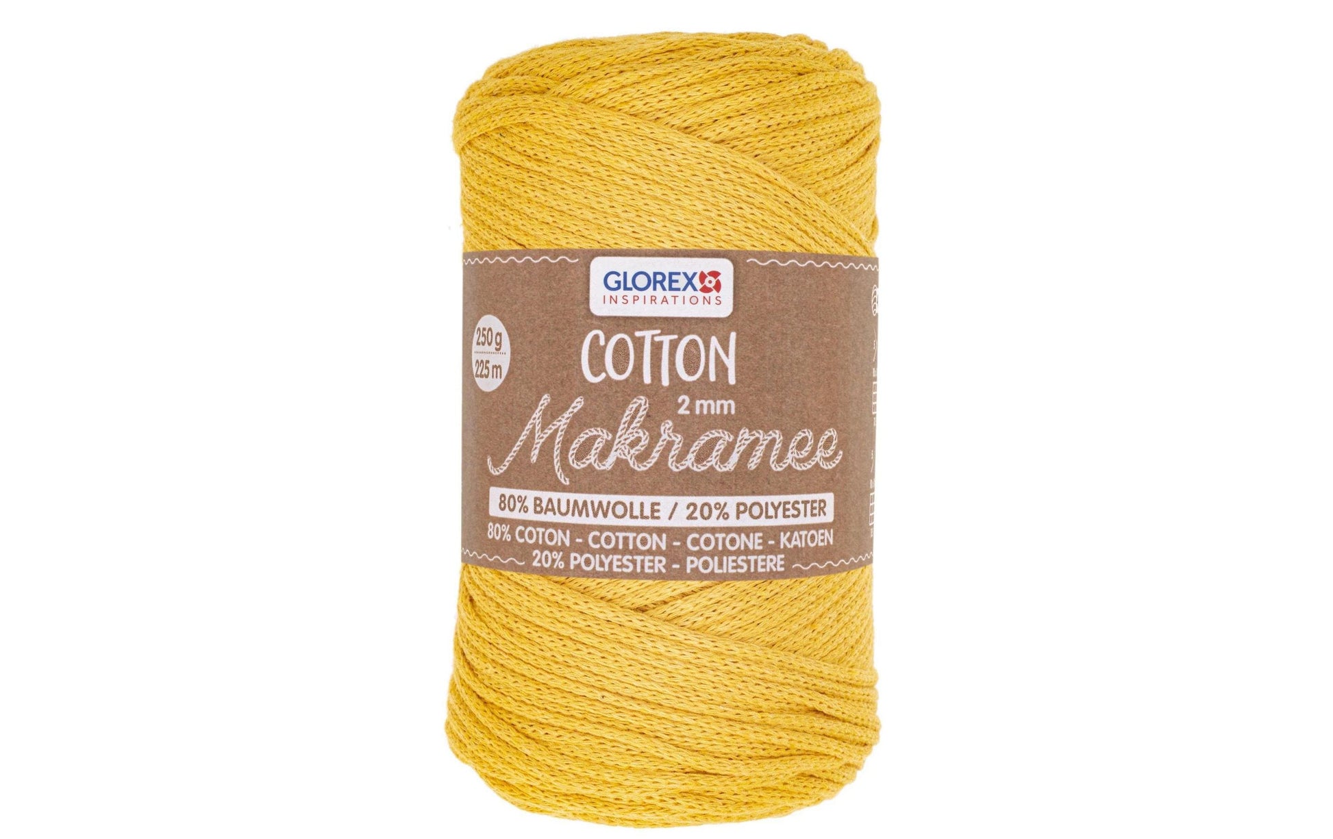 Glorex Baumwoll-Makramee-Kordel Senfgelb – Ø 2 mm, 250 g, 225 m, 80% Baumwolle/20% Polyester