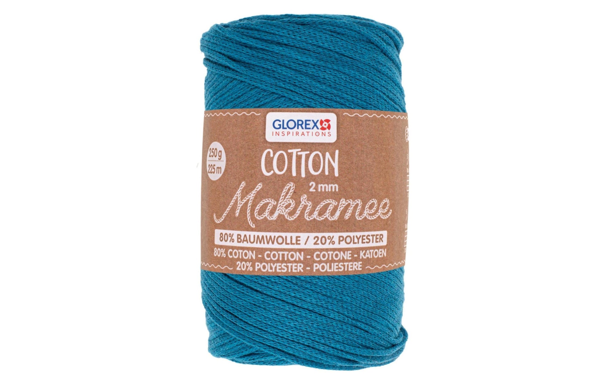 Glorex Makramee-Kordel Türkis – Ø 2 mm, 250 g, 225 m, 80% Baumwolle/20% Polyester