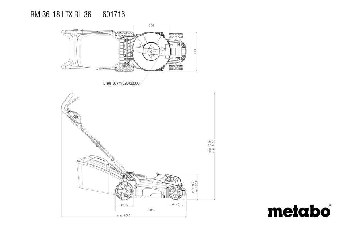 Metabo RM 36-18 LTX BL 36 Akku-Rasenmäher, bürstenlos – 18 V – Schnittbreite 36 cm – Solo – CAS