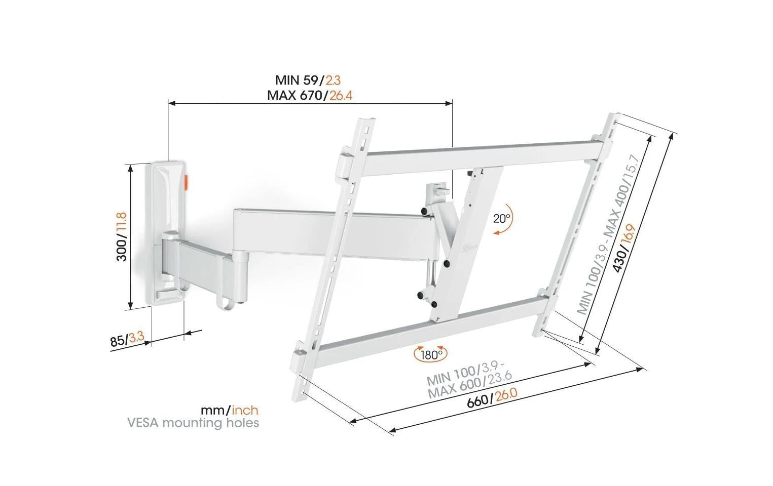 Vogel's 6VO TVM 3645W – Wandhalterung, drehbar, für 52", VESA 400×400, bis 35 kg, weiss