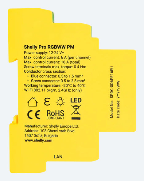 Shelly LED Controller Pro RGBWW PM – WLAN/Bluetooth, 12–24 V – Gelb – für Amazon Alexa, Google Assistant