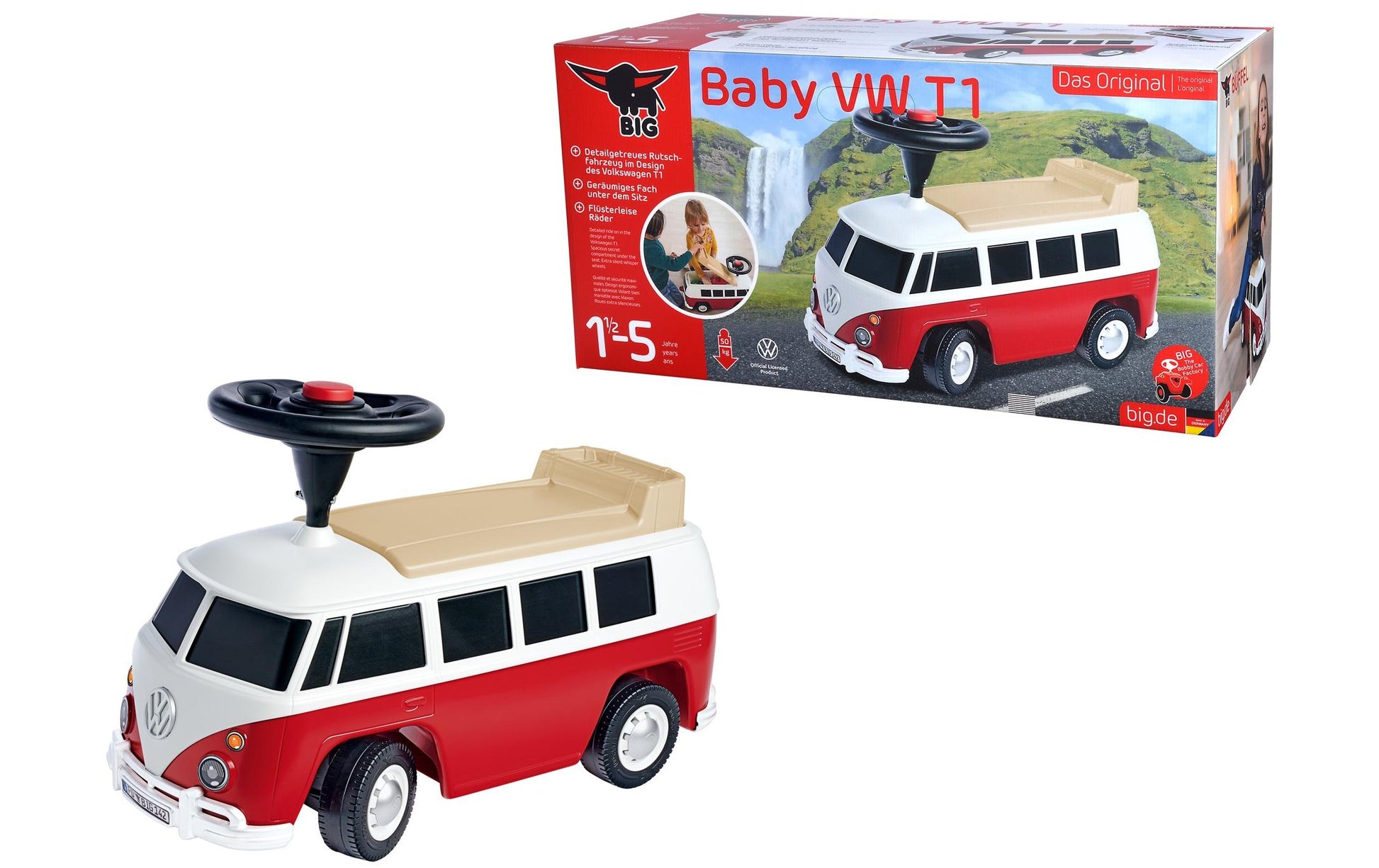 BIG Baby VW T1 Aufsitzauto – Hupe, Flüsterräder, Anhängerkupplung – 24 × 37 × 60 cm – ab 1,5 J. – rot