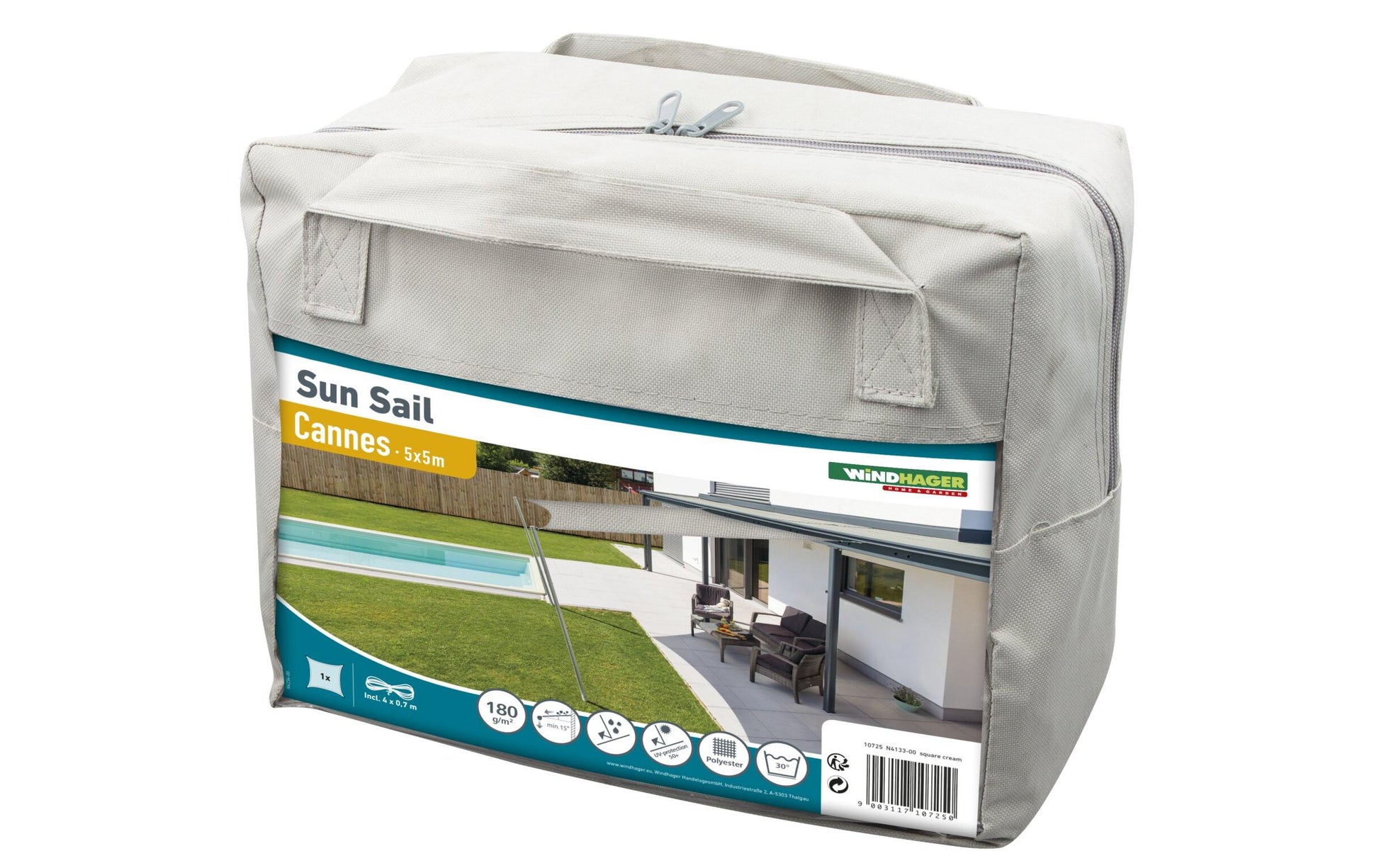 Windhager Quadratisches Sonnensegel 300 × 300 cm, Polyester, Anthrazit, wasserabweisend, UV-Schutz 50+
