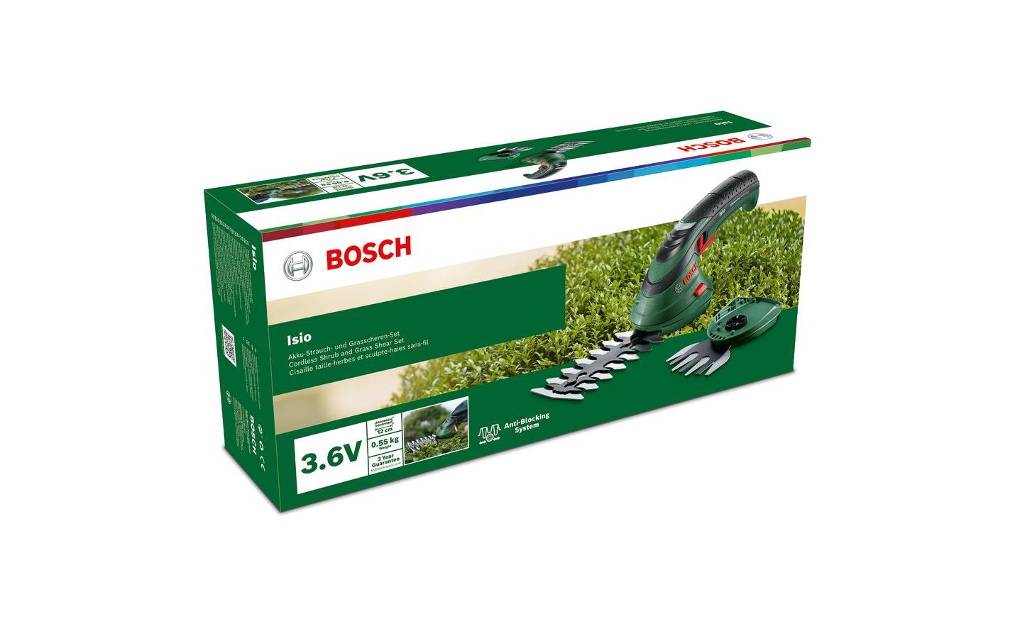 Bosch Isio Akku-Grasschere – 3,6 V – Schnittbreite 80 mm – 1×1,5 Ah & Ladegerät
