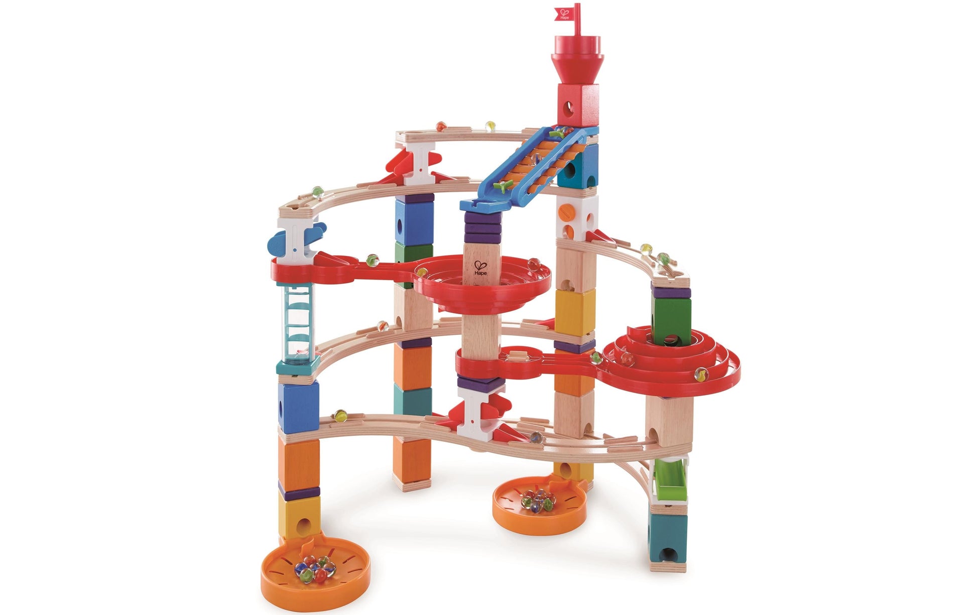 Hape QUADRILLA Super Spiralburg Murmelbahn – 129-teilig – ab 4 Jahren – Kunststoff, Glas, Holz – mehrfarbig