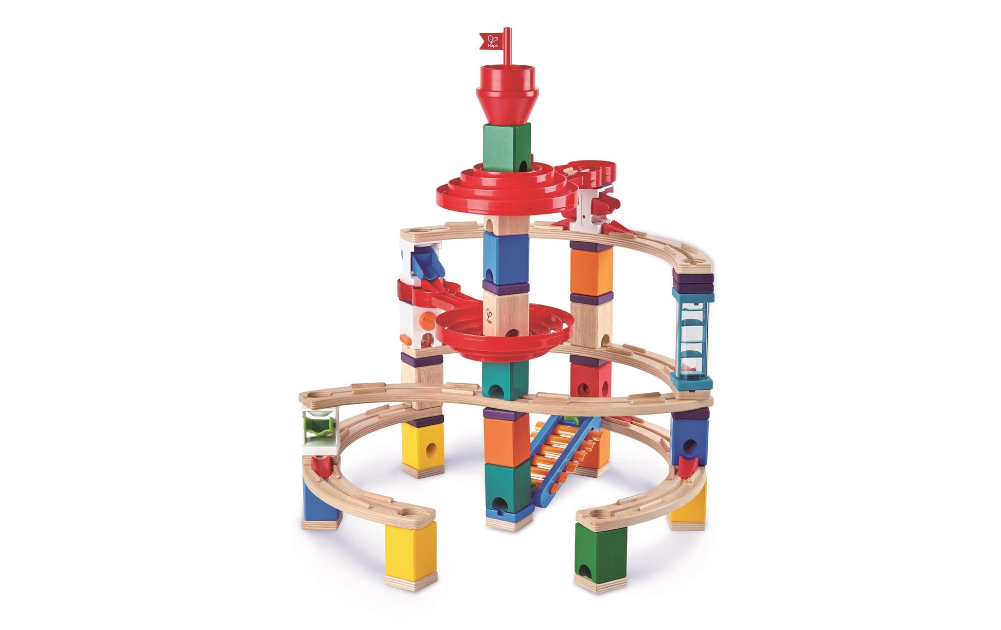 Hape QUADRILLA Super Spiralburg Murmelbahn – 129-teilig – ab 4 Jahren – Kunststoff, Glas, Holz – mehrfarbig