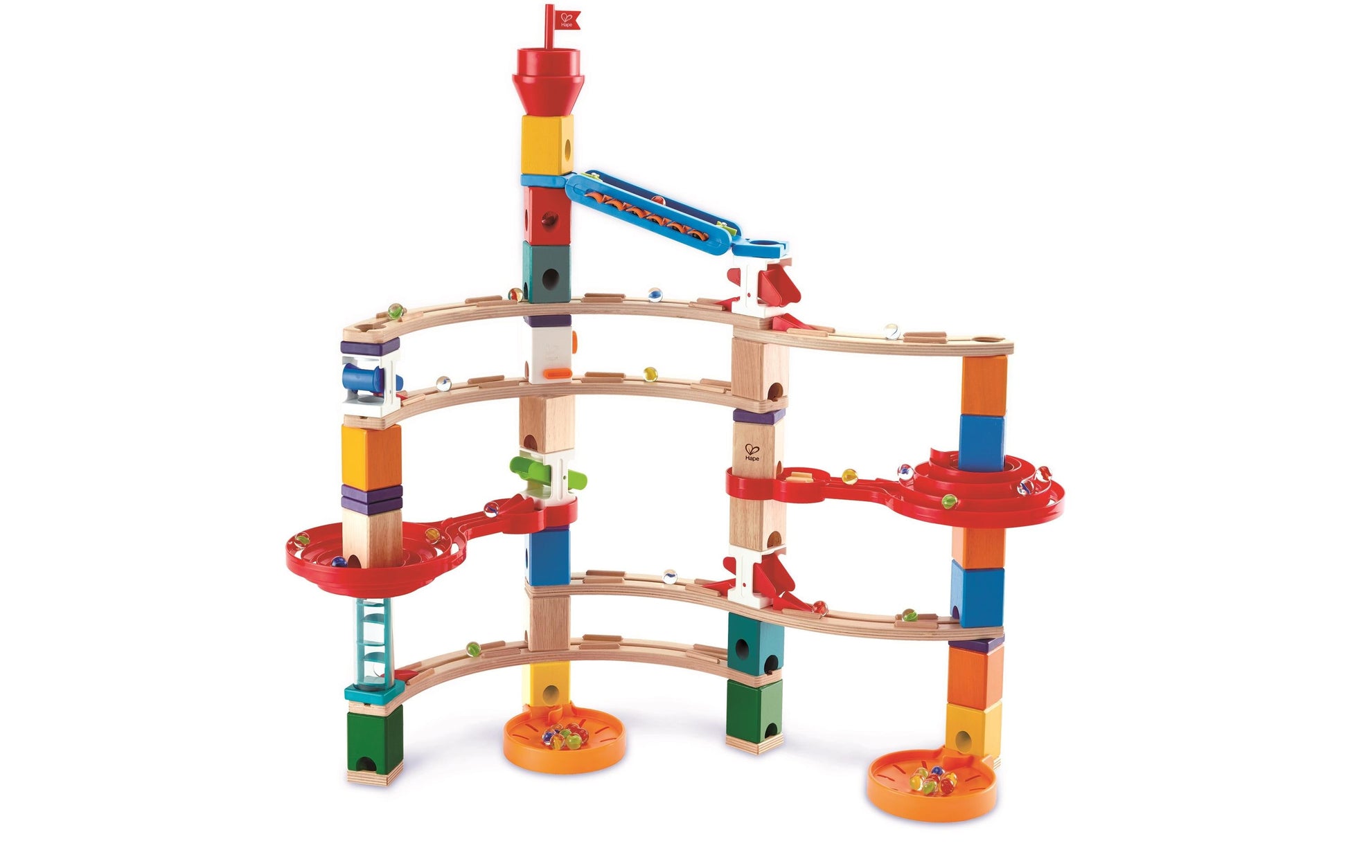 Hape QUADRILLA Super Spiralburg Murmelbahn – 129-teilig – ab 4 Jahren – Kunststoff, Glas, Holz – mehrfarbig