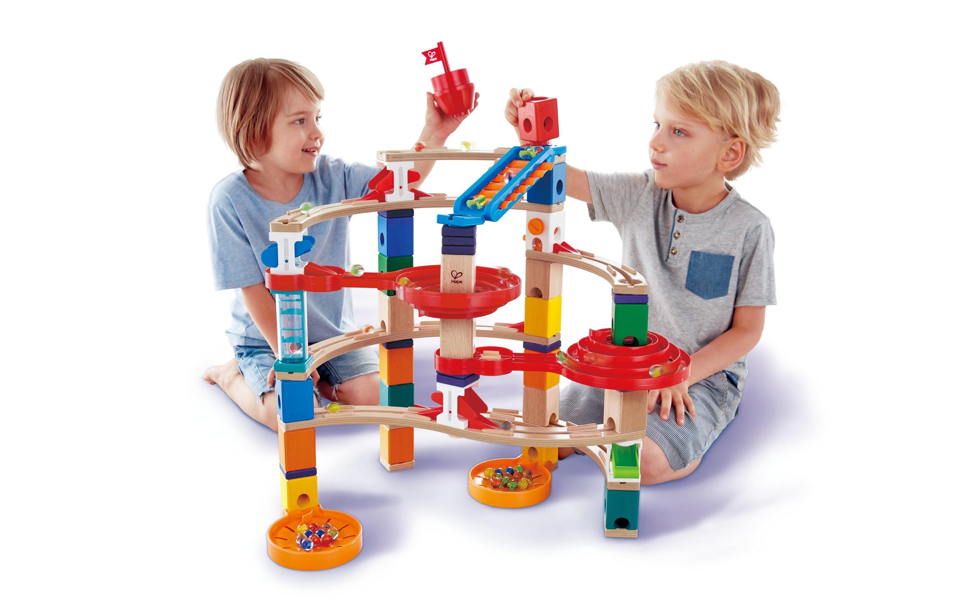 Hape QUADRILLA Super Spiralburg Murmelbahn – 129-teilig – ab 4 Jahren – Kunststoff, Glas, Holz – mehrfarbig