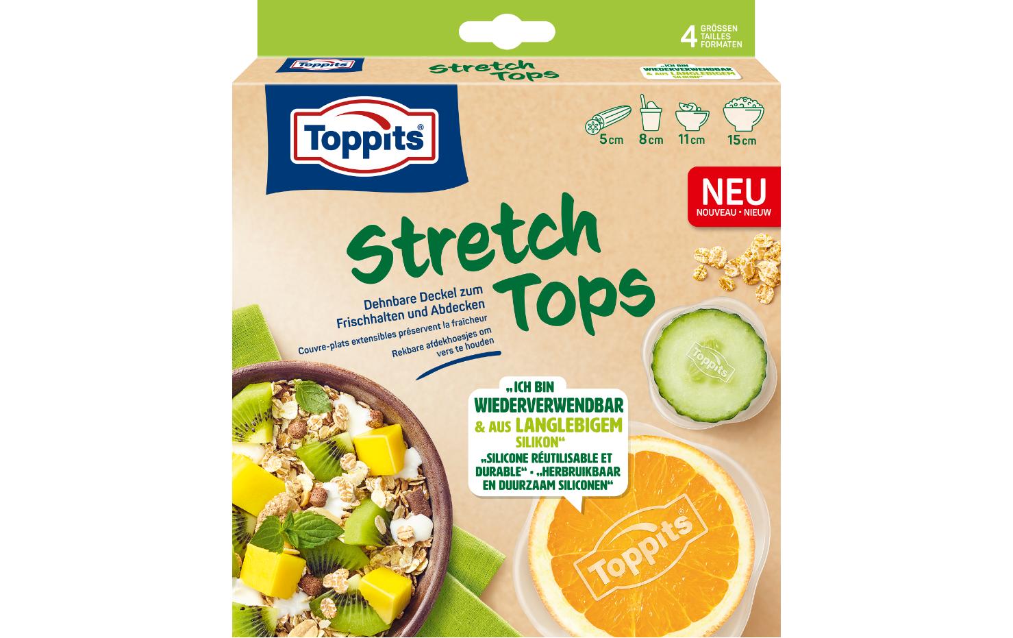 Toppits Frischhalte-Abdeckhauben 4 Stk., Ø 11 cm, Silikon, Transparent, Mikrowellenfest, Spülmaschinenfest
