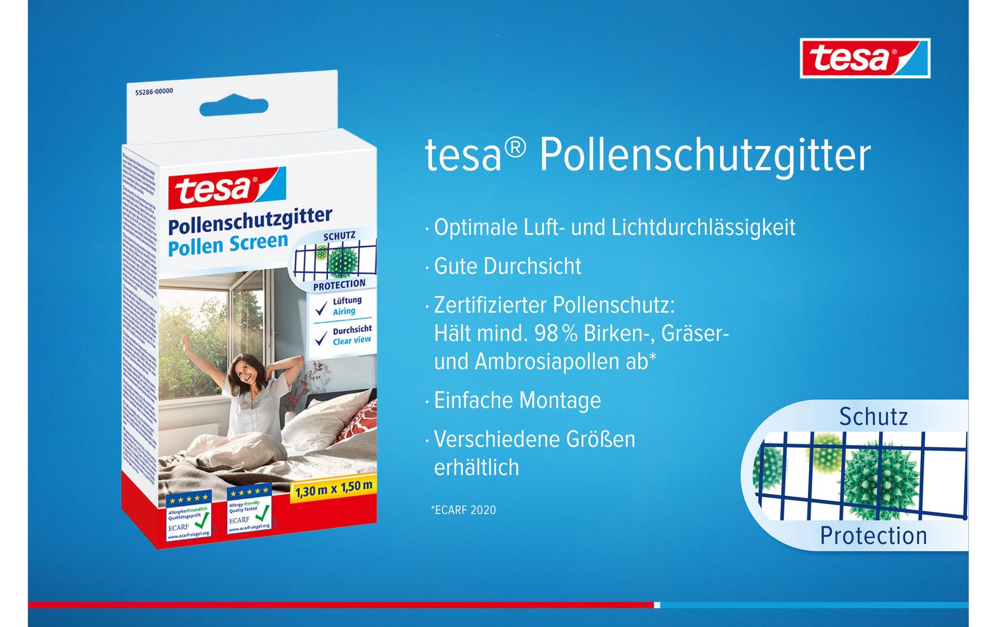 tesa Fenster-Fliegengitter – 130 × 150 cm – Anthrazit – Nylon – Klettband – für Fenster
