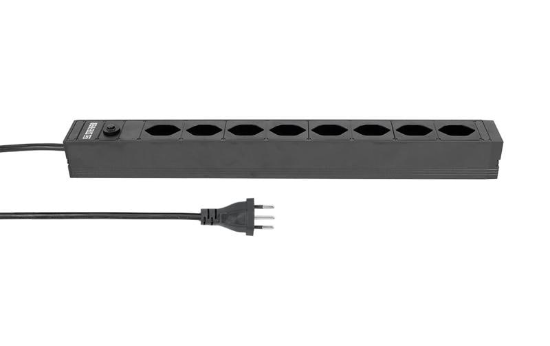 Steffen ALU Modular – Steckdosenleiste, 8× T13, 3 m, Stecker T12, IP20, mit Rackhalter, Überlastschutz