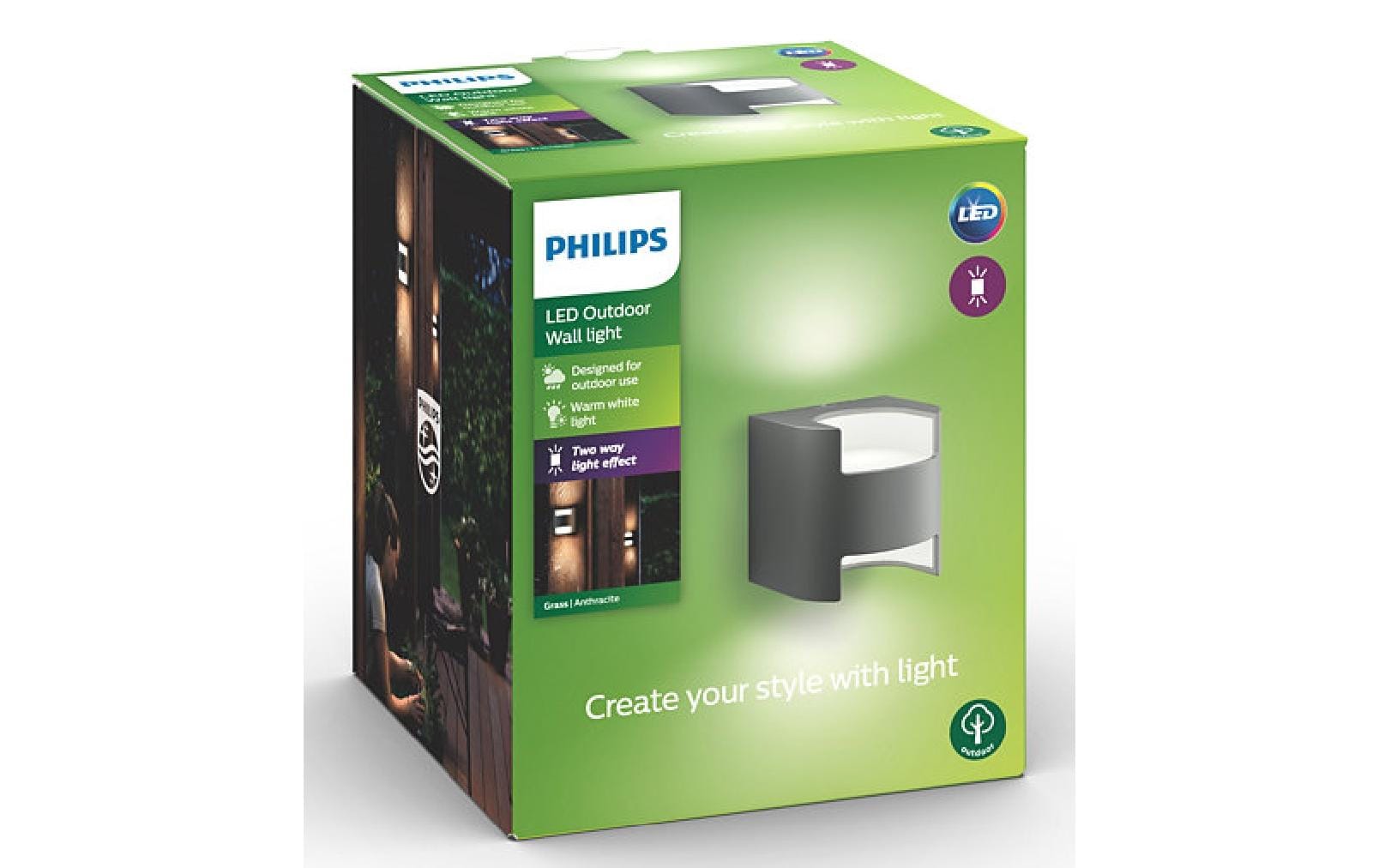 Philips by Signify Philips Aussenwandleuchte – 900 lm, 9 W, Warmweiss, 2700 K, IP44, Netzbetrieb, Anthrazit, Aluminium