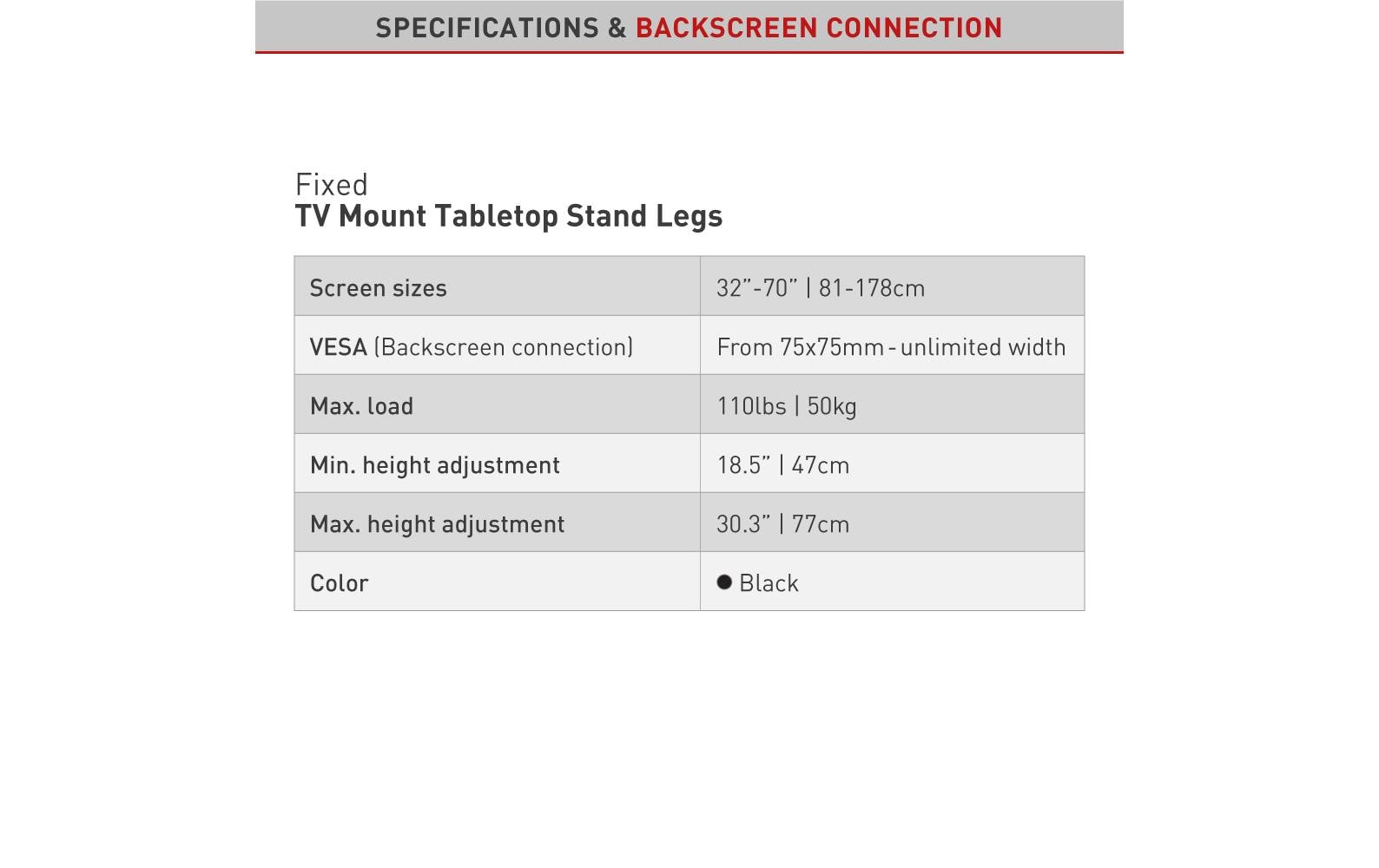 Barkan Mounting Systems Barkan S40 – Displayständer, höhenverstellbar, für 13–70", VESA 75×75–800×400, bis 50 kg, schwarz