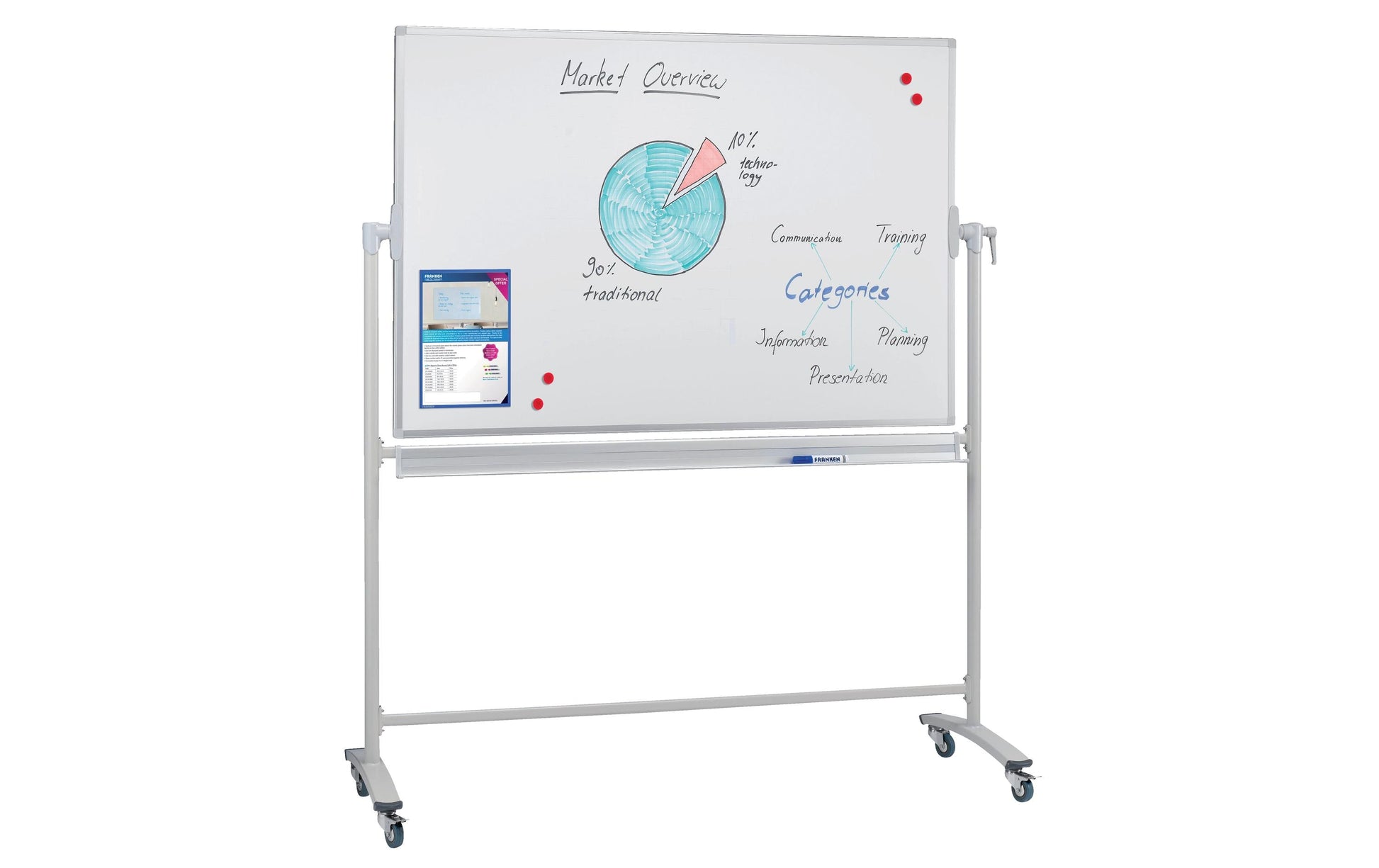 Franken Whiteboard – 200 × 100 cm, lackierter Stahl, mobil, inkl. Stiftablage