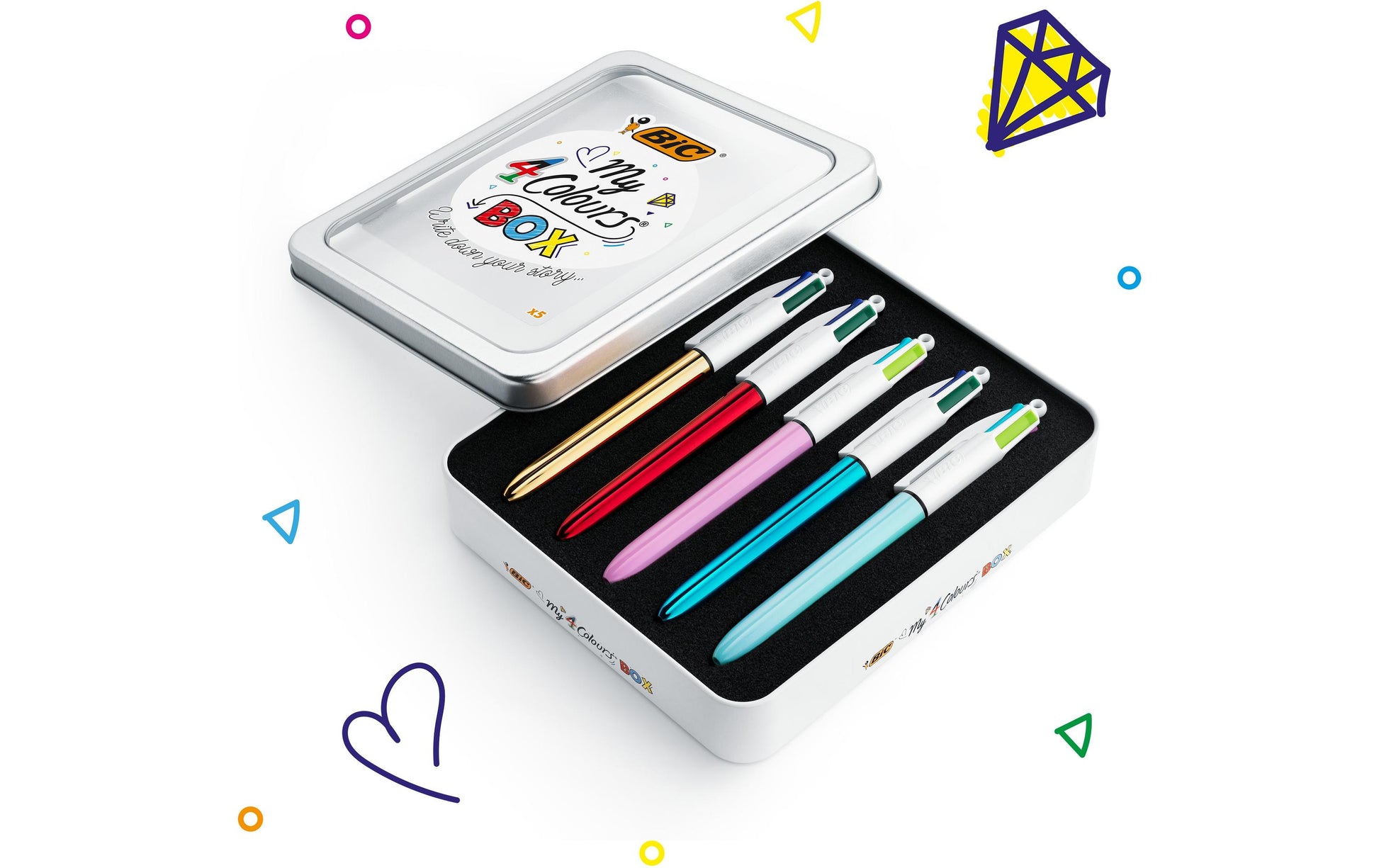 BIC 4 My Colours Multifunktions-Kugelschreiber – 4 Farben, Spitze 0,32 mm, Druck, nachfüllbar, 5er Pack