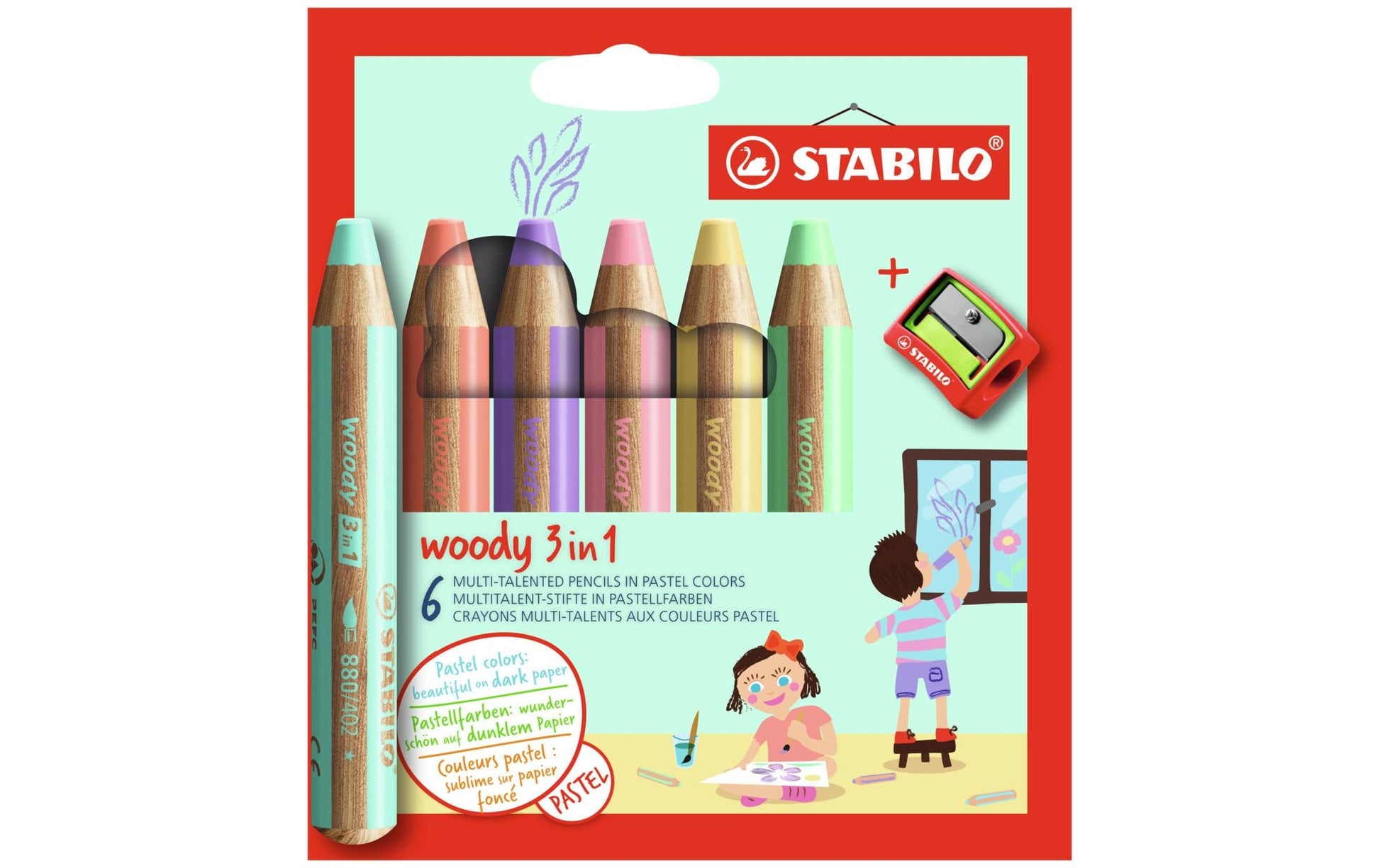 STABILO 3-in-1 Farbstifte woody – 6 Pastellfarben, im Kartonetui, mit Spitzer, Ø 4,2 mm, PEFC