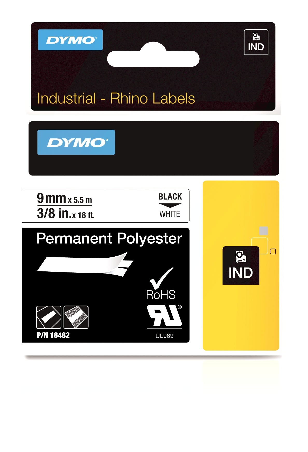 DYMO Textilband – 9 mm × 5,5 m, weiss, schwarz – für DYMO Rhino: 3000, 4200, 5000, und andere