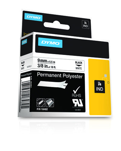 DYMO Rhino ID2 Schriftband – schwarz auf weiss – 9 mm × 5,5 m, Polyester – für DYMO Rhino