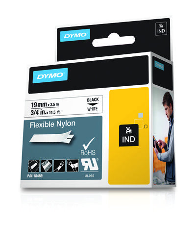 DYMO 18759 Flexibles Schriftband – Schwarz auf Weiss – 19 mm × 3,5 m, Nylon – für DYMO Rhino