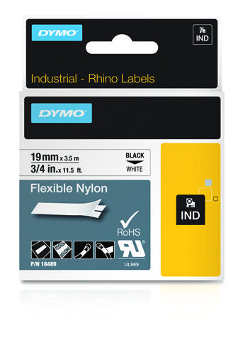 DYMO 18759 Flexibles Schriftband – Schwarz auf Weiss – 19 mm × 3,5 m, Nylon – für DYMO Rhino
