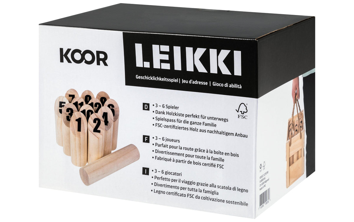 KOOR Mölkky – 3–6 Spieler – Wurfstock 5 × 20 cm, Leikki 5 × 15 cm – ab 6 Jahren – Holz, braun – FSC