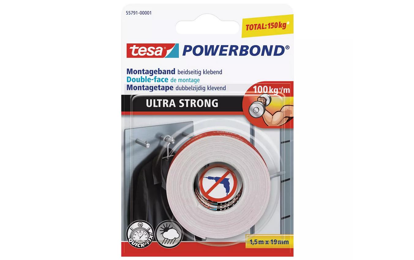Tesa Ultra Strong Montageband, für Innen- & Aussen – 19 mm × 1,5 m, weiss, bis 10 kg/10 cm