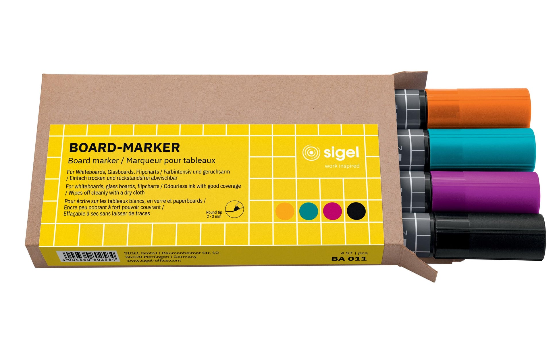 Sigel Whiteboard-Marker – Rundspitze 2–3 mm, 4 Farben, 4 Stk., feucht abwischbar – für Papier