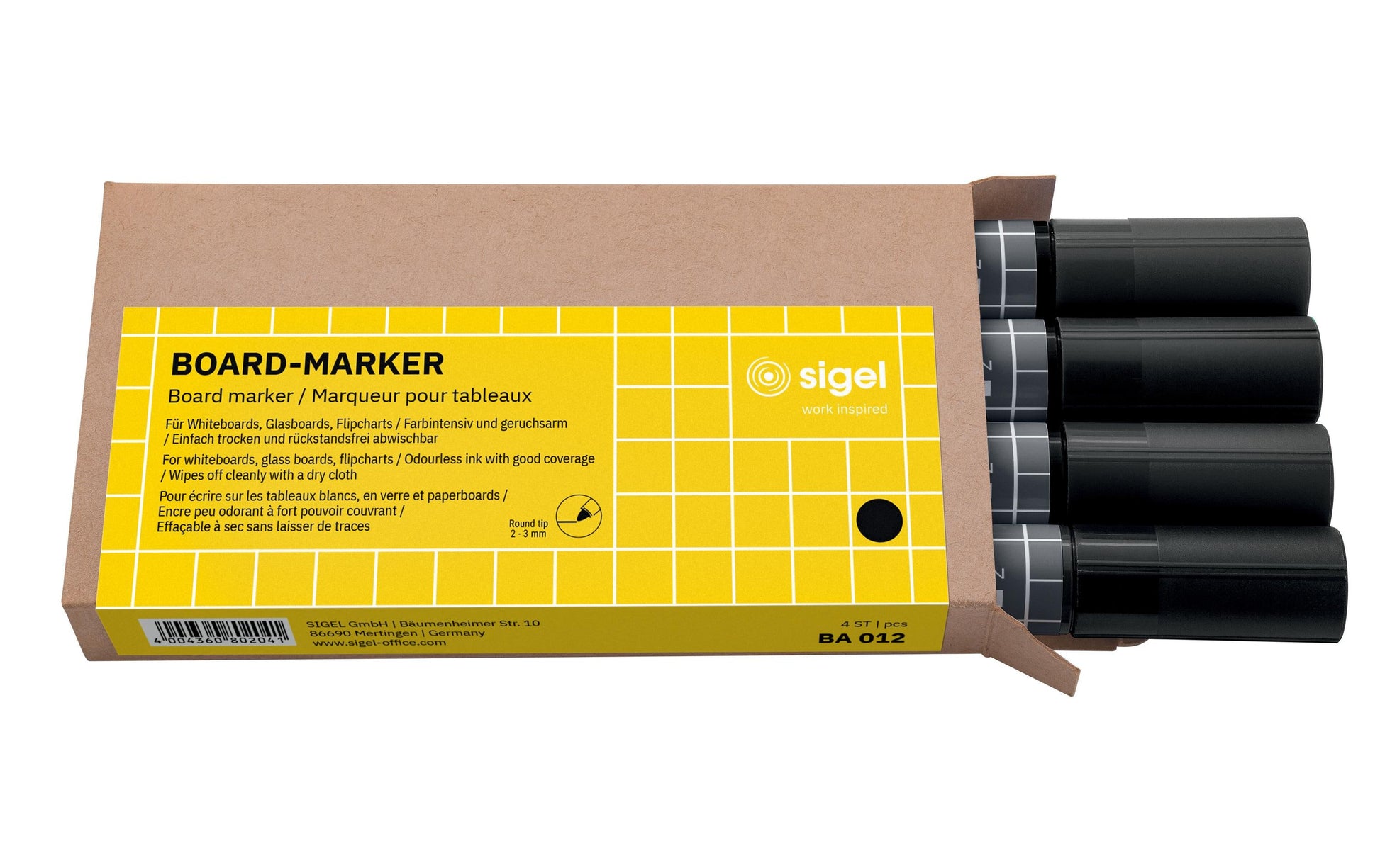 Sigel Whiteboard-Marker – 2–3 mm, schwarz, 4 Stk., feucht abwischbar – für Papier