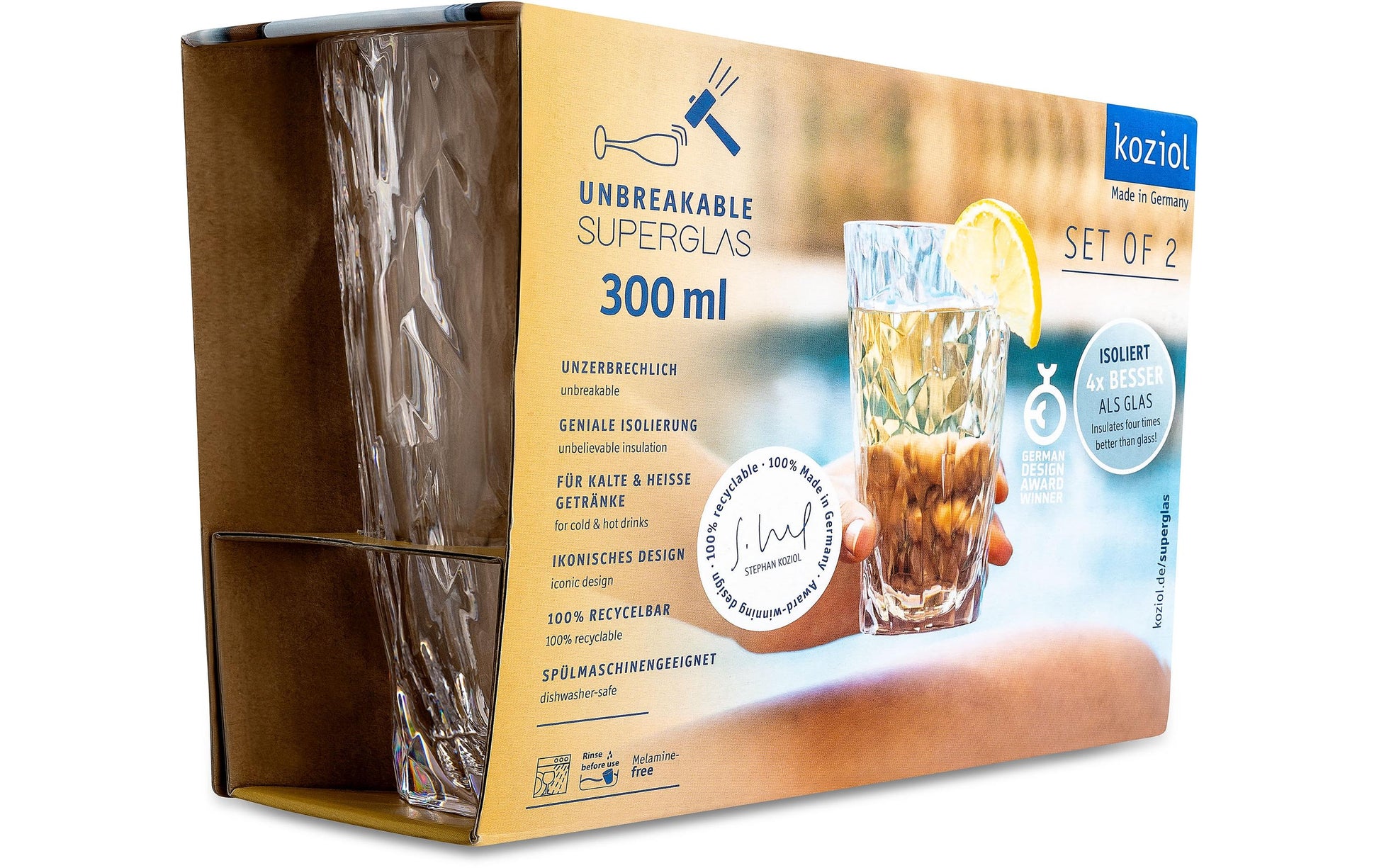 Koziol Trinkglas – 2er Set, 300 ml, Ø 8,7 cm, H 14,1 cm, Kunststoff, Transparent, spülmaschinenfest, bruchfest
