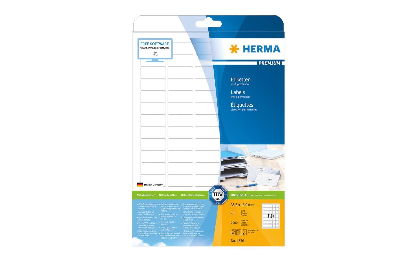HERMA Druckeretiketten, 36 mm × 17 mm, weiss, Papier, permanent, 2000 Etiketten (25 Blätter)