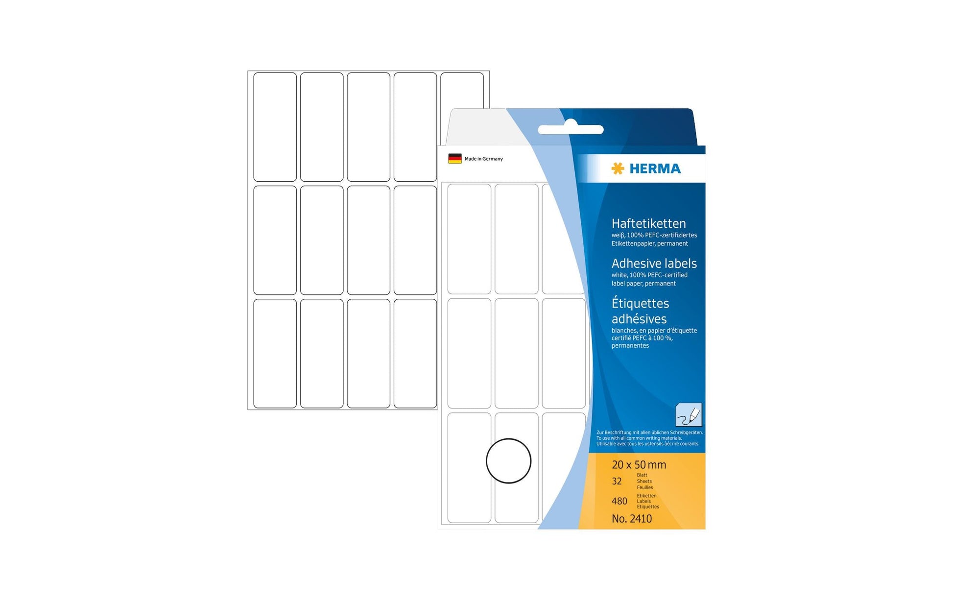 HERMA Schuletiketten – 20 × 50 mm, Abgerundete Ecken, 480 Stk, 32 Bogen, Papier, Permanent Haftend