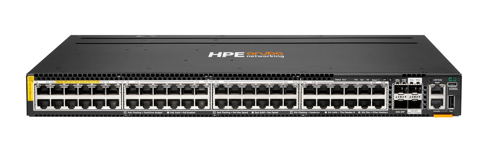 HPE Aruba Networking CX 6300L 48p – Managed Switch – 48×100M/1G/2.5G/5G, 2×SFP56 50G, 2×SFP28 25G, L2