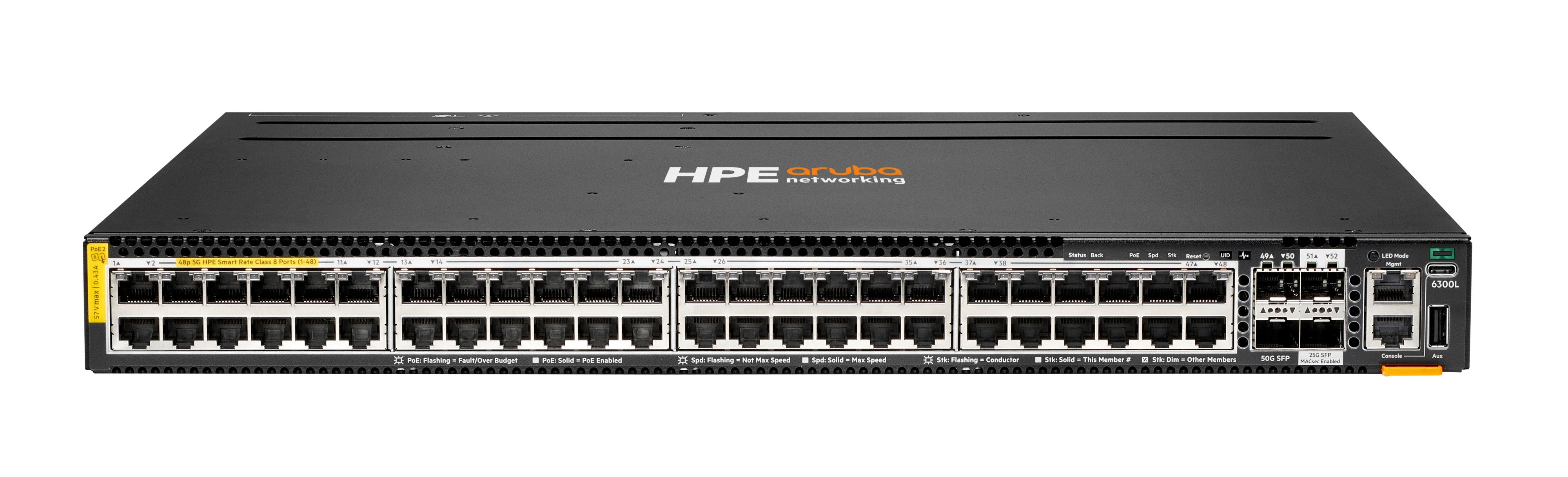 HPE Aruba Networking CX 6300L 48p – Managed Switch – 48×100M/1G/2.5G/5G, 2×SFP56 50G, 2×SFP28 25G, L2