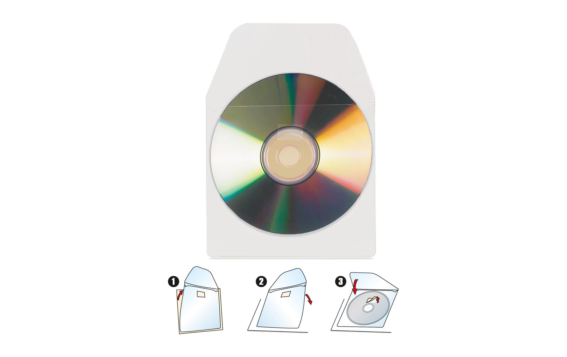 3L CD-/DVD-Aufbewahrung 127 × 127 mm – selbstklebend, mit Klappe, 20 Stück, PP, weiss