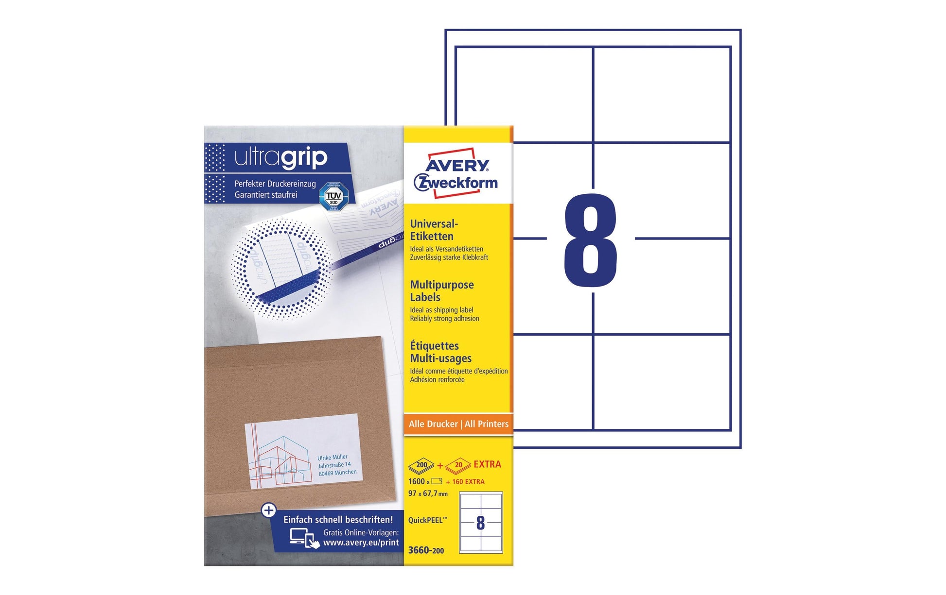 AVERY Zweckform 3660-200 – Etiketten A4 97 × 68 mm – weiss – Laser/Inkjet – 8 pro Blatt, 200 Blätter (1'600 Stk.)