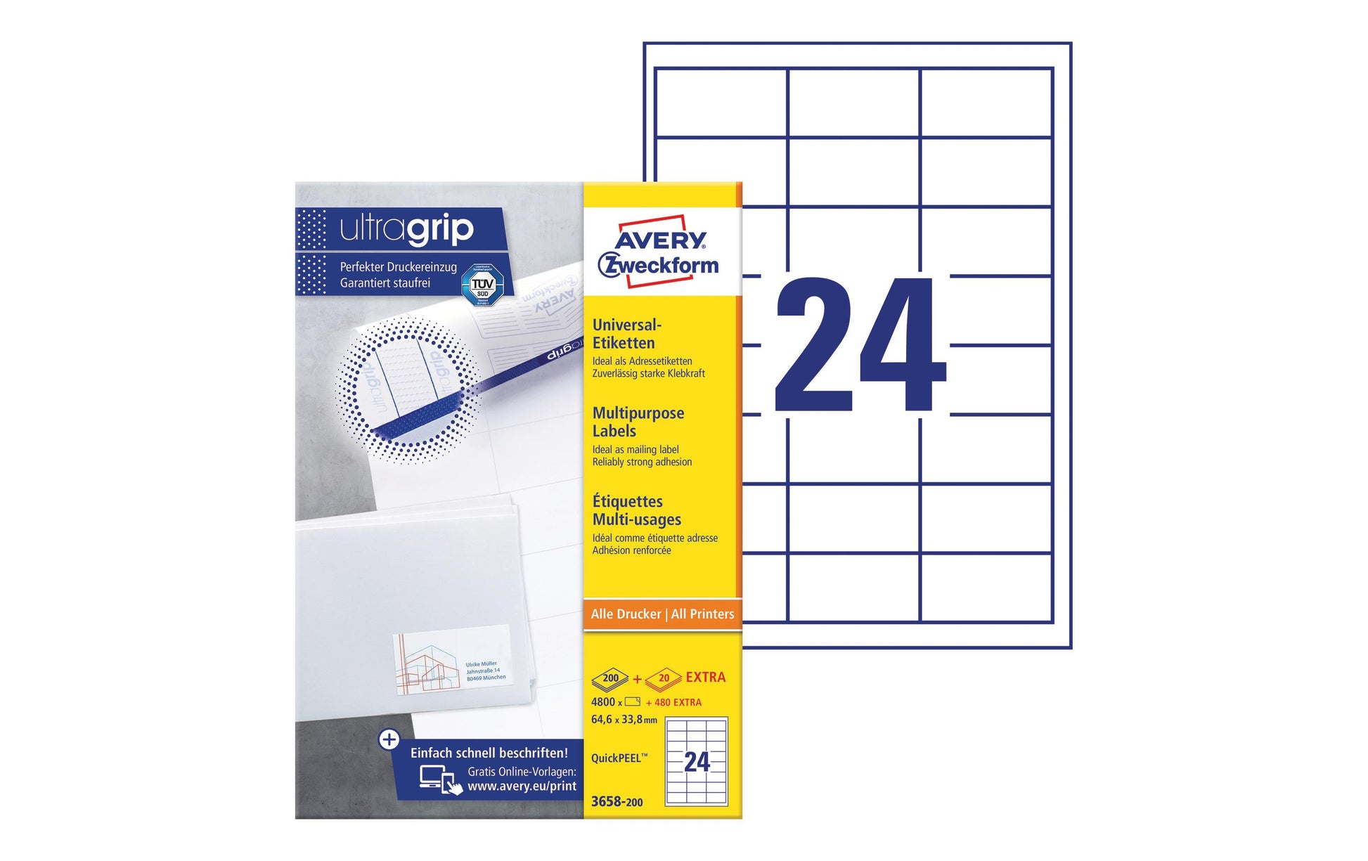 Avery Etiketten, 65 mm × 34 mm, weiss, Papier, permanent, 220 Blatt, 5280 Etiketten