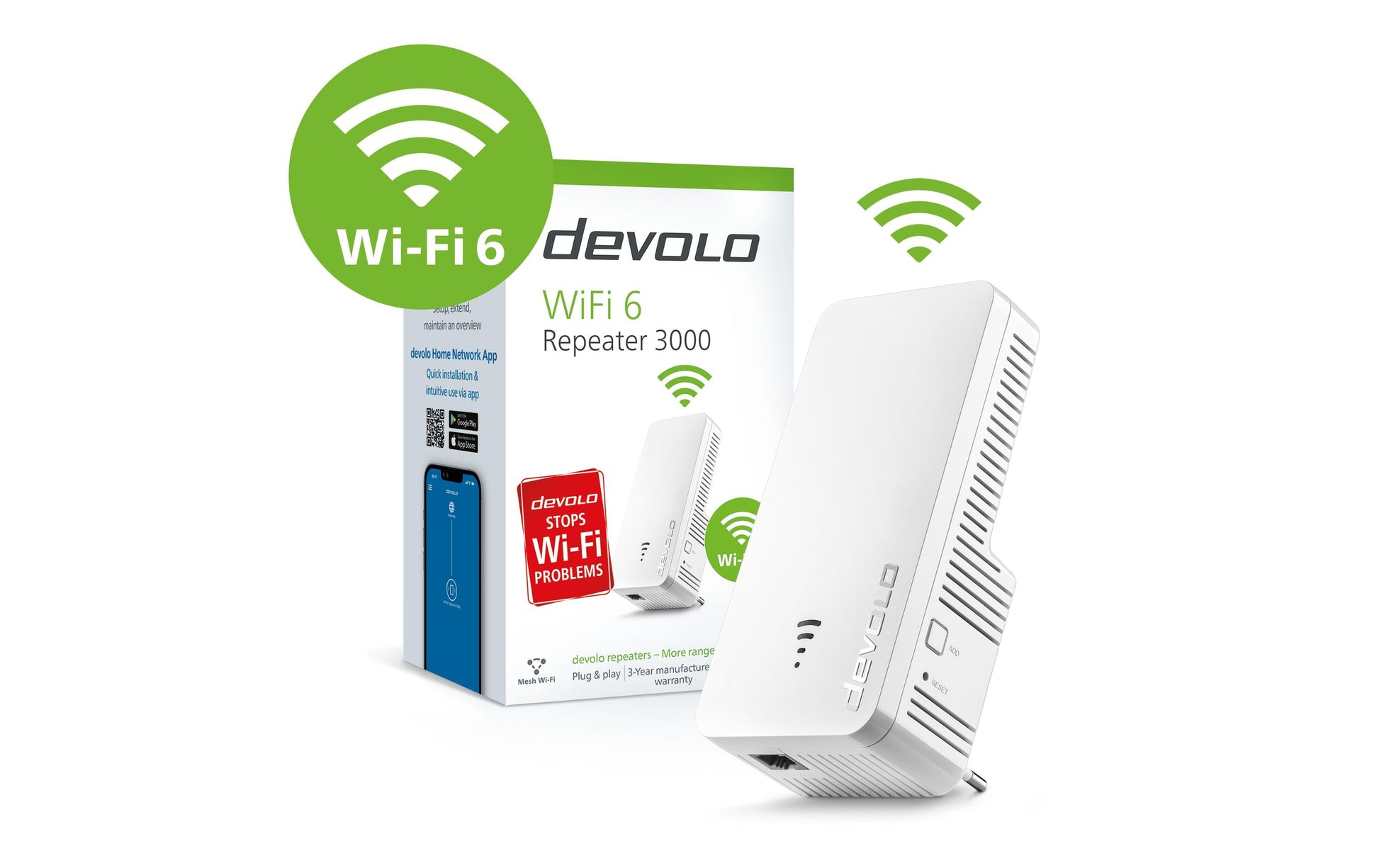 Devolo Wi-Fi 6 Repeater 3000 – Wi-Fi 6, Dual-Band, bis 3 Gbit/s, 1× Gigabit LAN