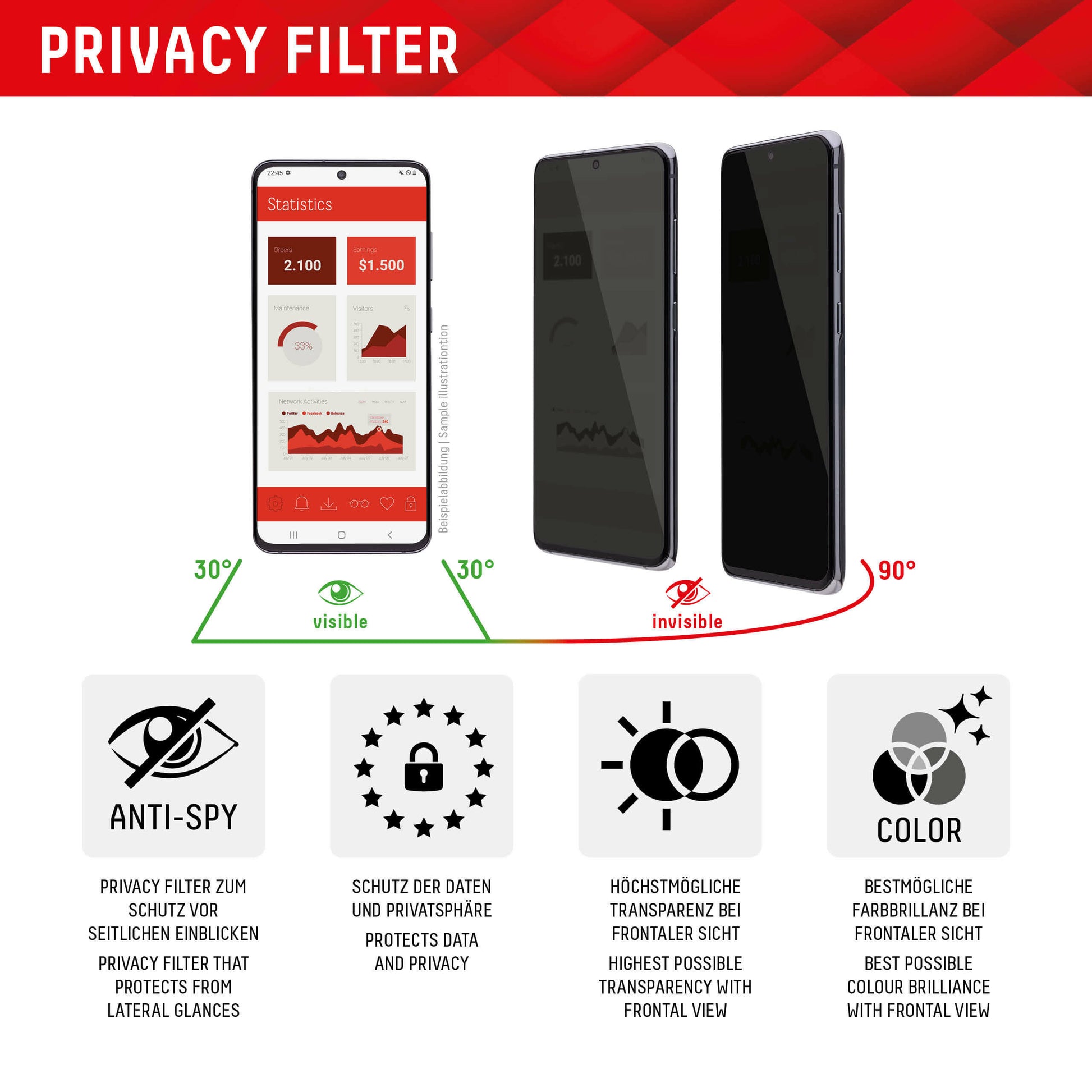 E.V.I. Displayschutzfolie – Privacy-Glas 3D, für Samsung Galaxy S23 Ultra