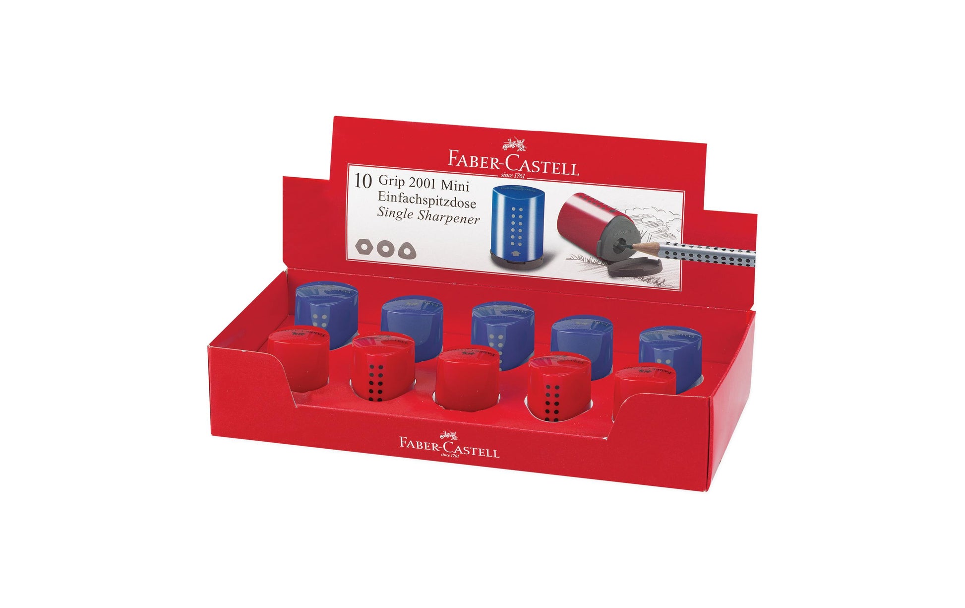 Faber-Castell Grip 2001 Mini Spitzdose – Kunststoff – farbig sortiert – mit Kindersicherung