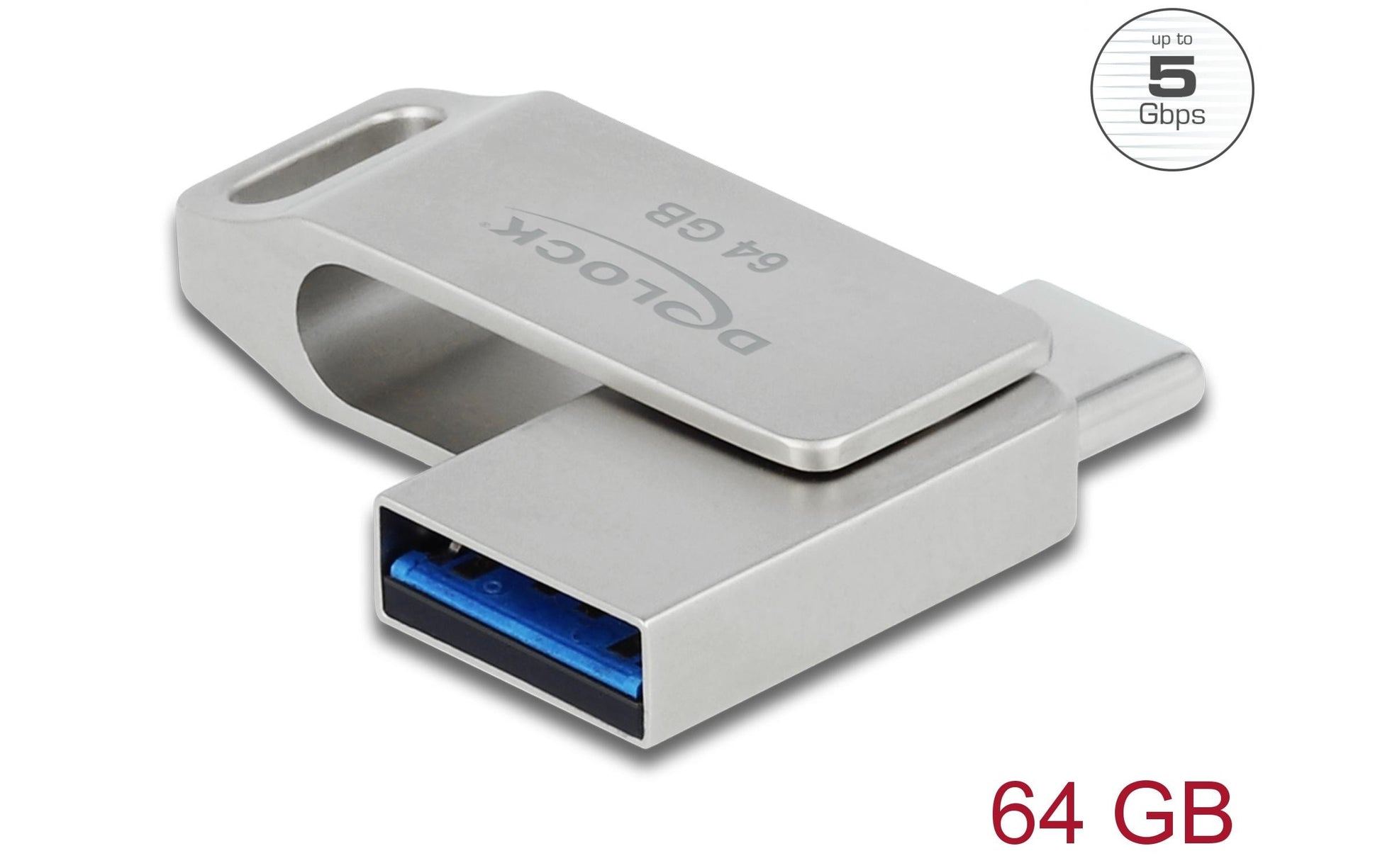 DeLOCK USB3.2 USB-C/Type-A 64 GB – USB 3.2 Gen 1 (5 Gbit/s), 100 MB/s lesen, 46 MB/s schreiben, Metallgehäuse