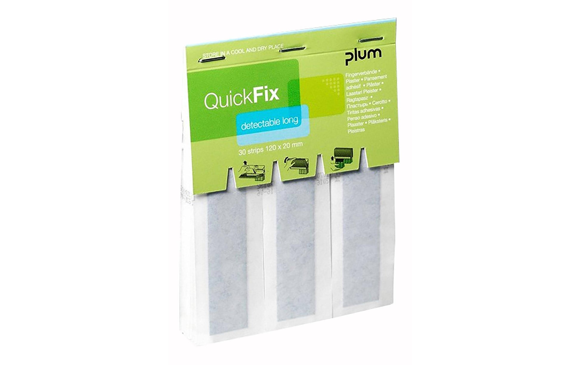 Plum Pflaster-Nachfüllpackung QuickFix Detectable lang – 30 Stück, für QuickFix Spender, 120 × 25 mm, Blau